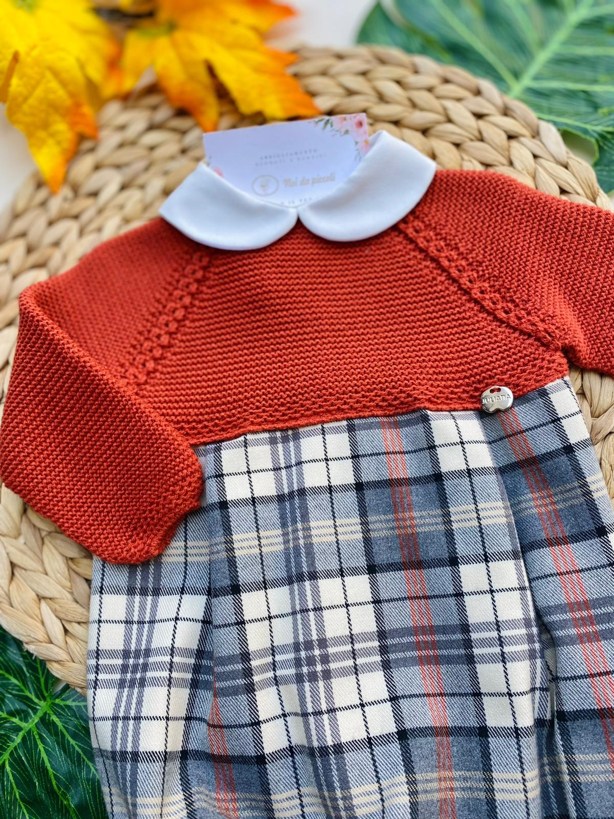 PAGLIACCETTO A QUADRONI CON COLLETTO BIANCO FILATO CALDO RUGGINE - Noi da piccoli