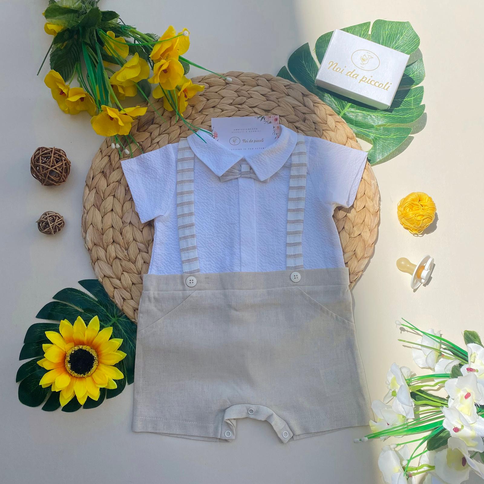 PAGLIACCETTO BEIGE E BIANCO A FINTA SALOPETTE - Noi da piccoli