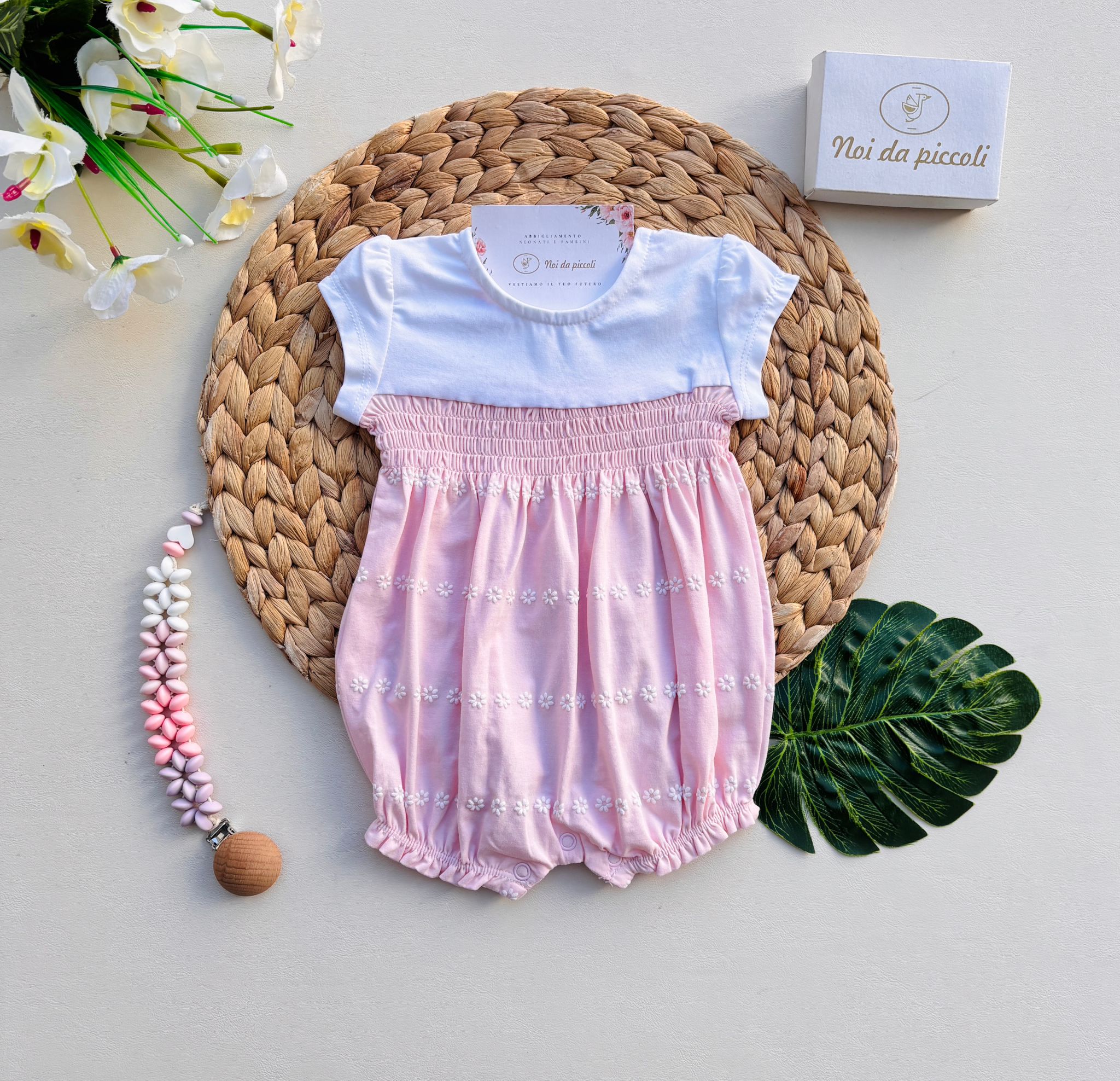 PAGLIACCETTO BICOLOR CON FIORELLINI Cotone BIANCO ROSA - Noi da piccoli