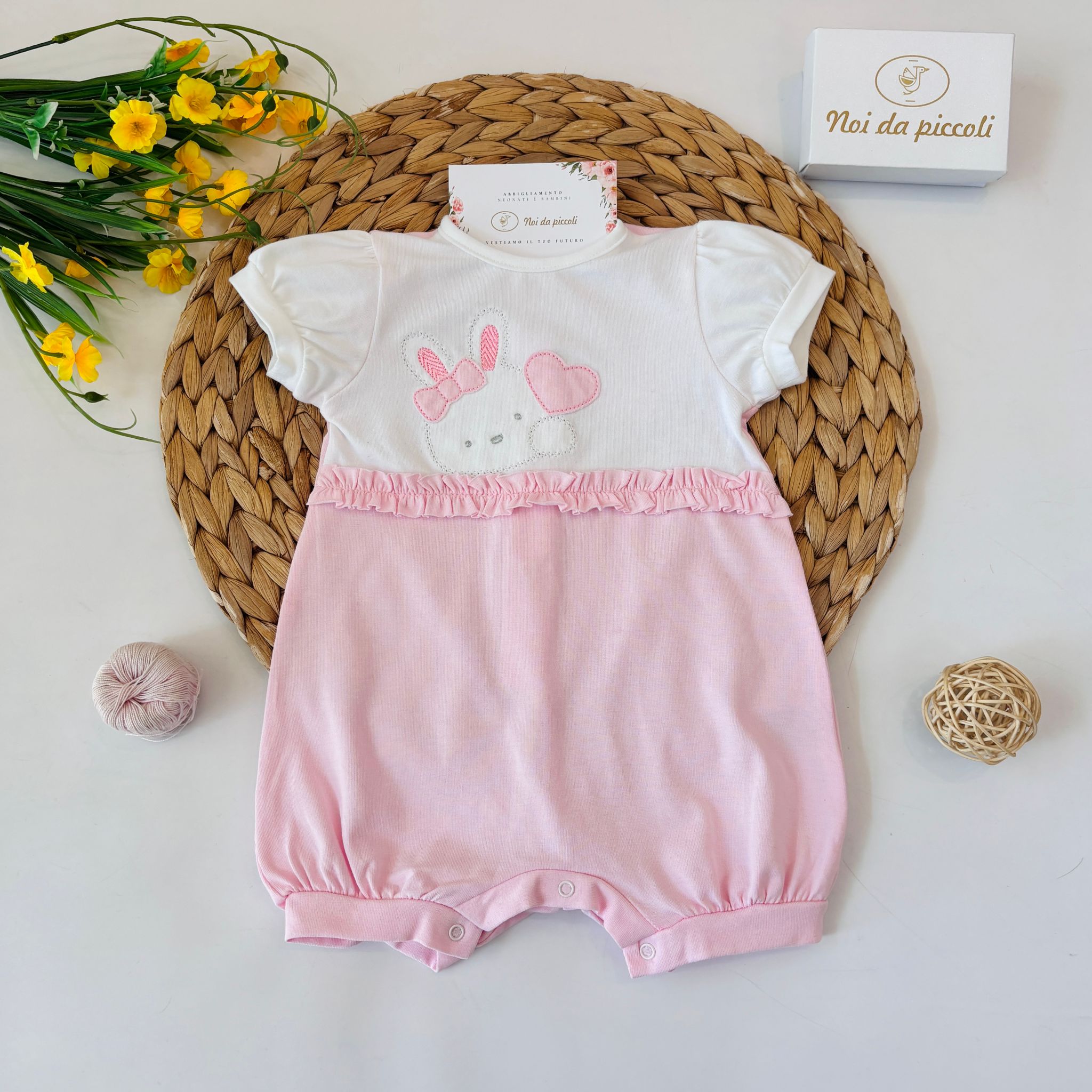 PAGLIACCETTO IN COTONE BICOLOR CON CONIGLIETTTO BIANCO ROSA - Noi da piccoli