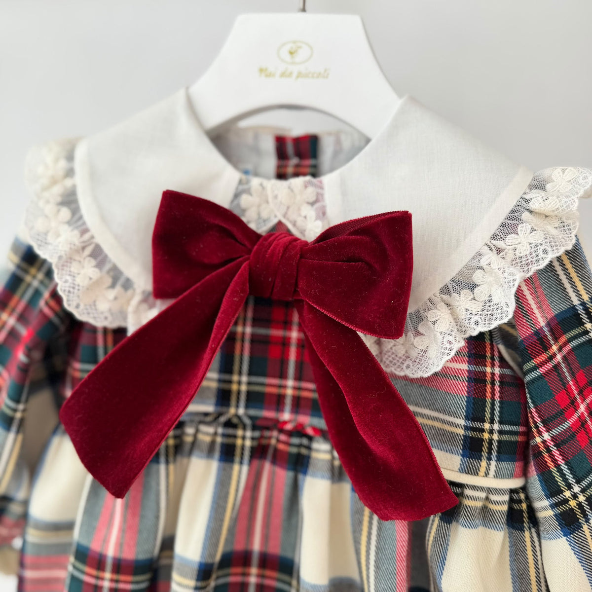 PAGLIACCETTO Tartan Natalizio con Maxi Fiocco in Velluto BORDEAUX - Noi da piccoli