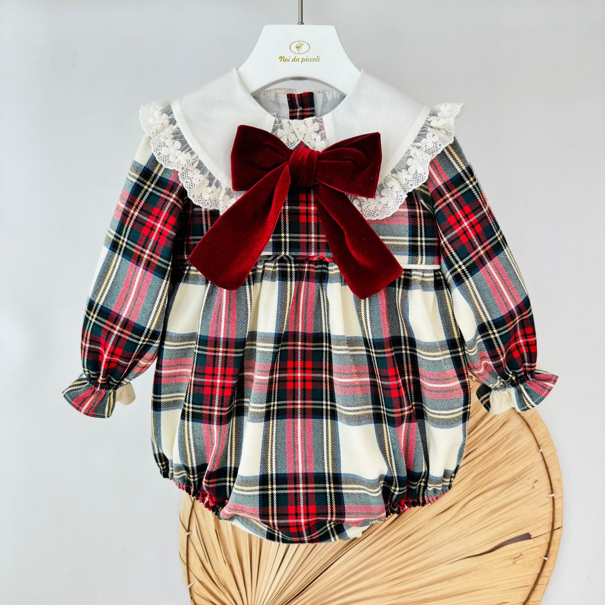 PAGLIACCETTO Tartan Natalizio con Maxi Fiocco in Velluto BORDEAUX - Noi da piccoli