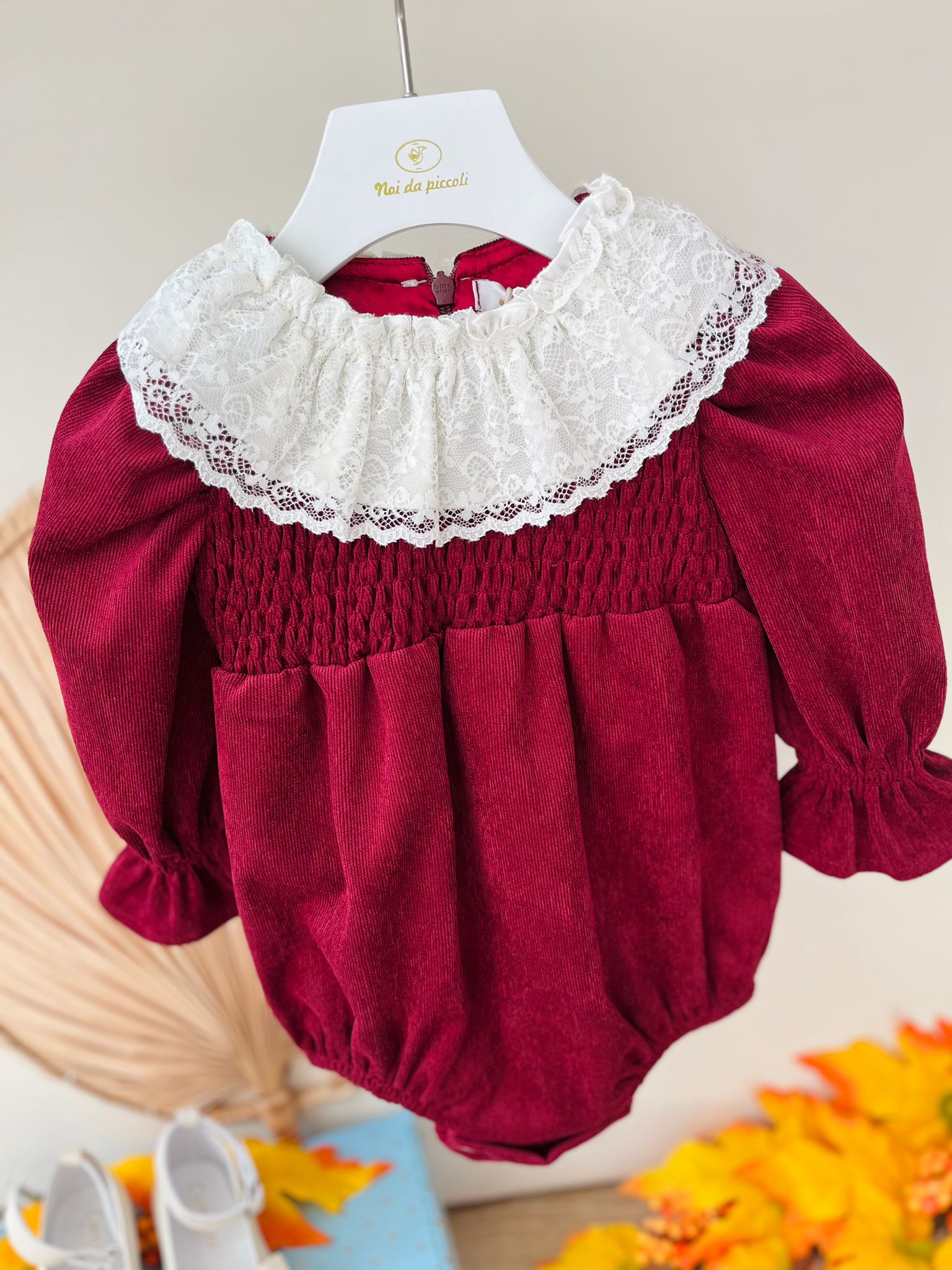 PAGLIACCETTO VELLUTO A COSTINE CON COLLETTO PIZZO BORDEAUX - Noi da piccoli