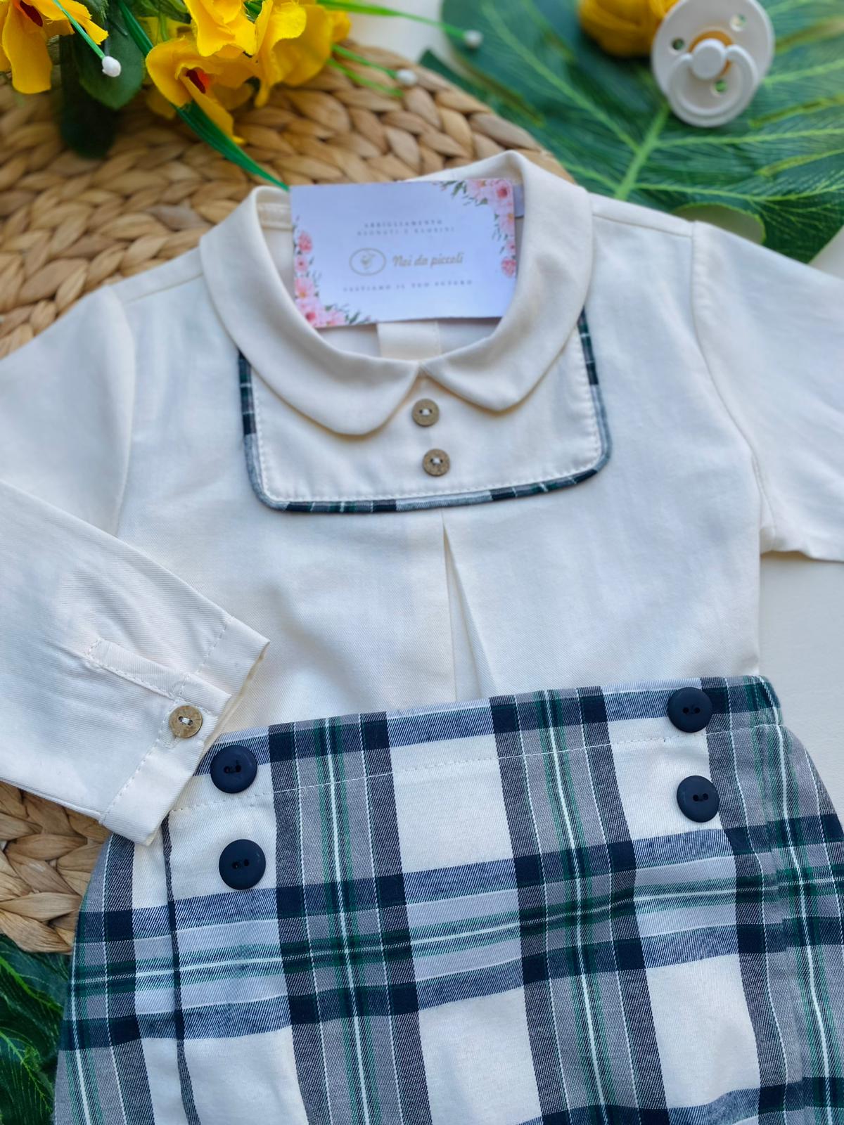 PANTALONCINO CON CAMICINA 100% CALDO COTONE VERDE QUADRONI - Noi da piccoli