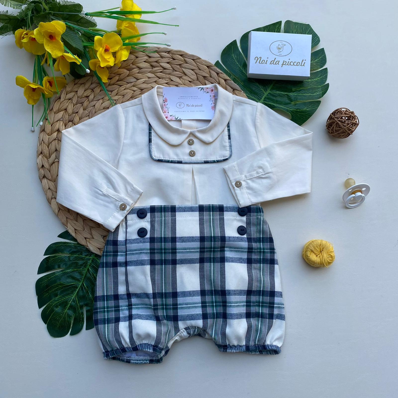 PANTALONCINO CON CAMICINA 100% CALDO COTONE VERDE QUADRONI - Noi da piccoli