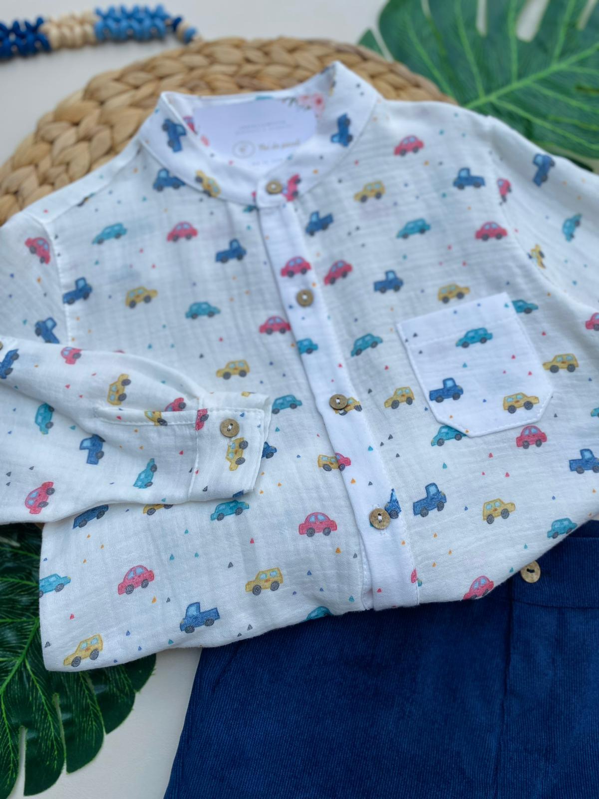 PANTALONCINO E CAMICINA BIANCA CON MACCHININE FILATO CALDO BLU COBALTO - Noi da piccoli