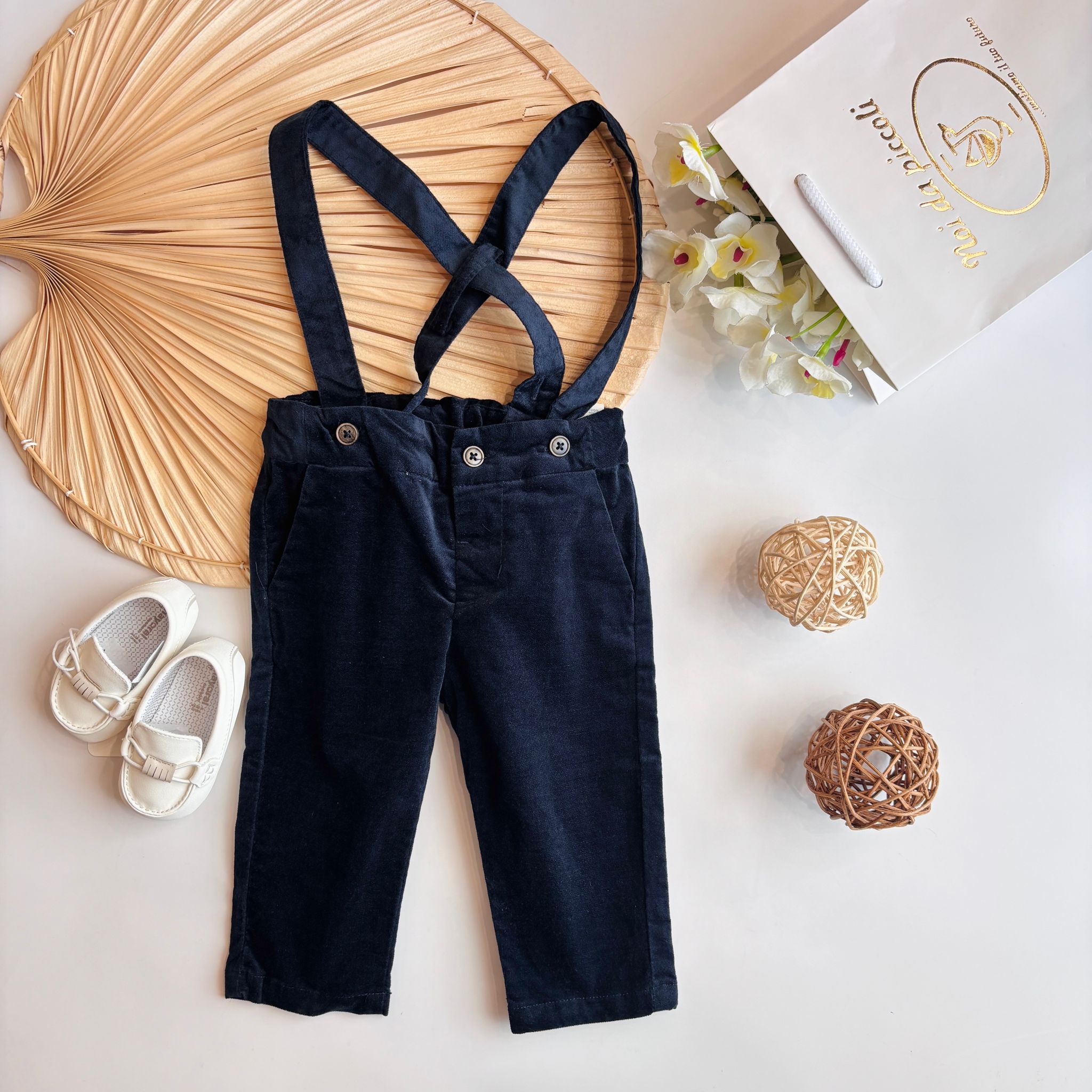 PANTALONE CON BRETELLE IN VELLUTO BLU NOTTE - Noi da piccoli