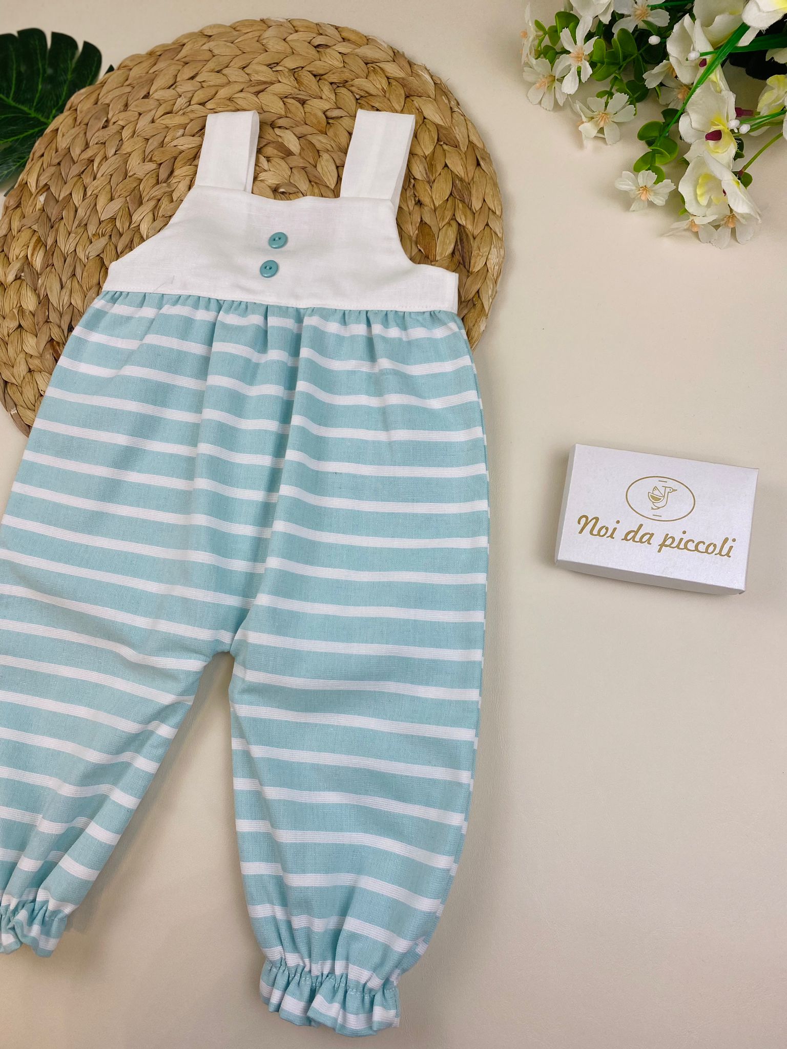 SALOPETTE A RIGHE BIANCA E VERDE ACQUA COTONE - Noi da piccoli
