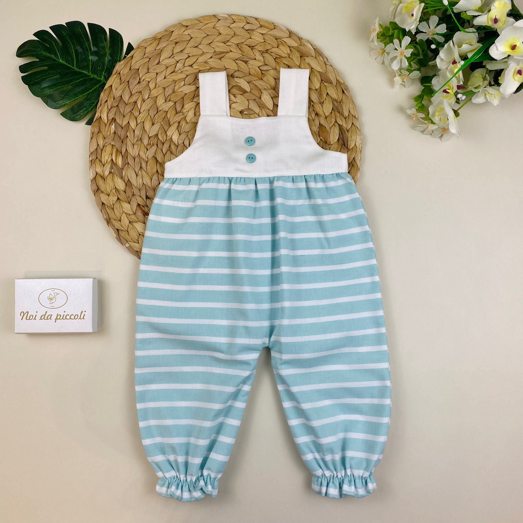 SALOPETTE A RIGHE BIANCA E VERDE ACQUA COTONE - Noi da piccoli