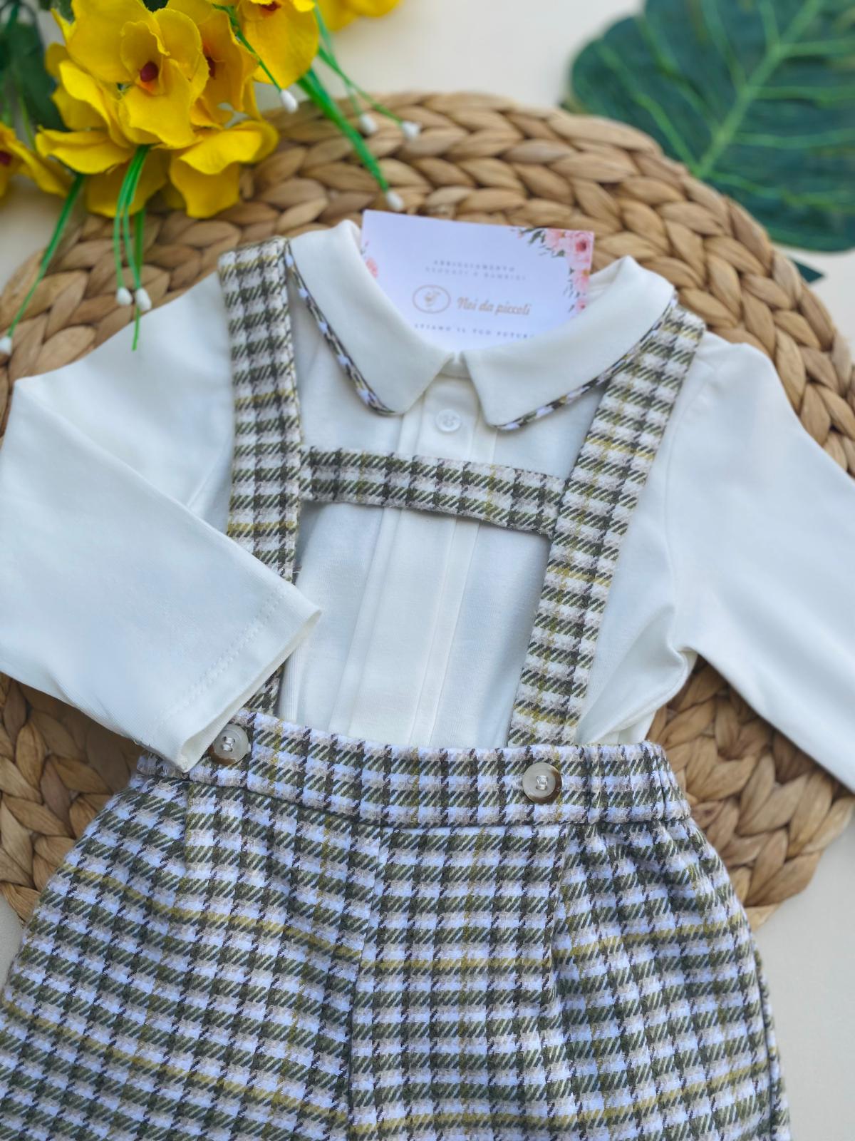 SALOPETTE A SCACCHI CON CAMICINA FILATO CALDO BIANCO VERDE - Noi da piccoli