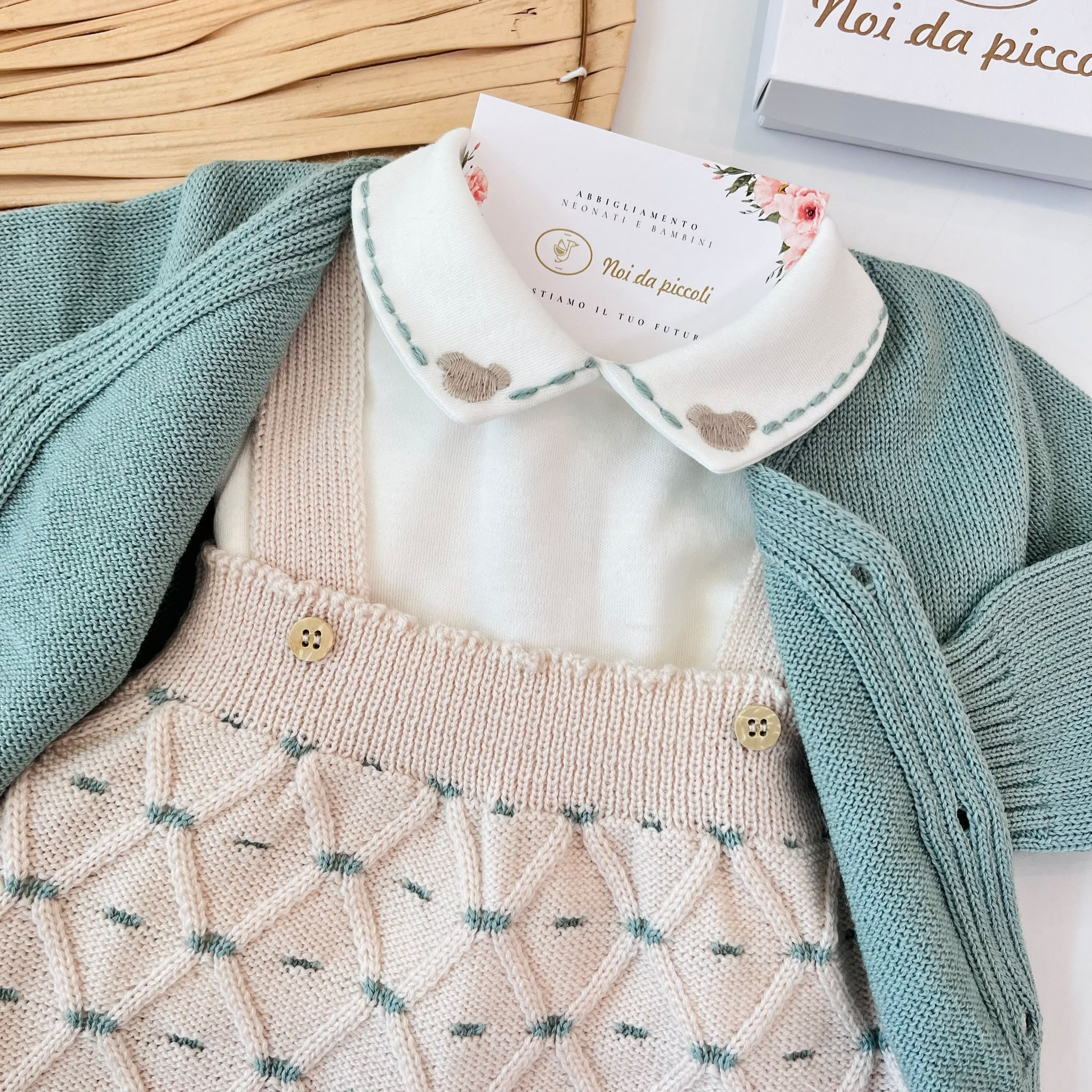 SALOPETTE CON BABBUCCE 100% LANA BEIGE VERDE - Noi da piccoli