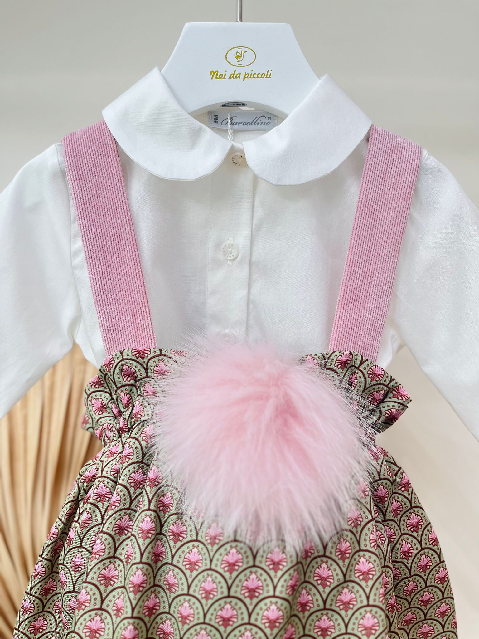 SALOPETTE CON BODY SCALLOP FLORALE COTONE CALDO VERDE E MALVA - Noi da piccoli