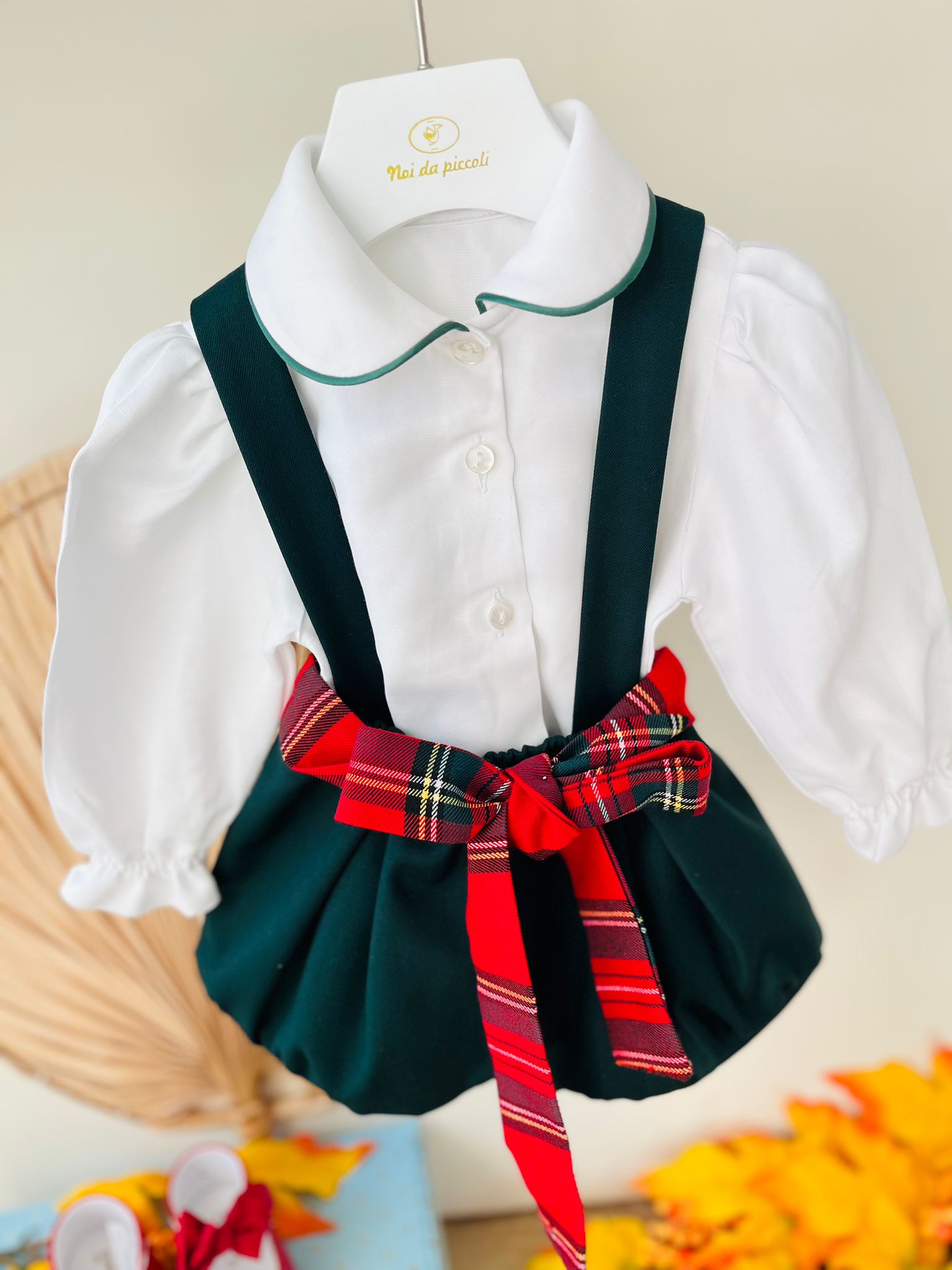 SALOPETTE CON CAMICIA E FASCIA IN VITA TARTAN BIANCO VERDE - Noi da piccoli