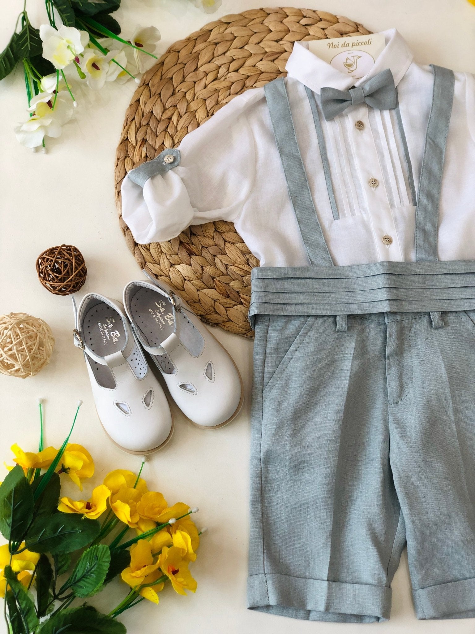 SALOPETTE CON CAMICINA E PAPILLON VERDE GRIGIO - Noi da piccoli