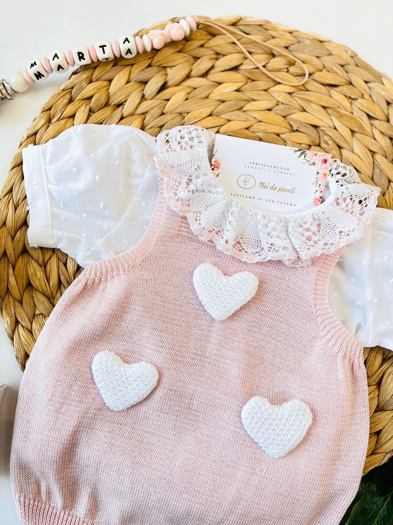 SALOPETTE CON PARURE 100% FILO DI COTONE BIANCO ROSA CIPRIA - Noi da piccoli