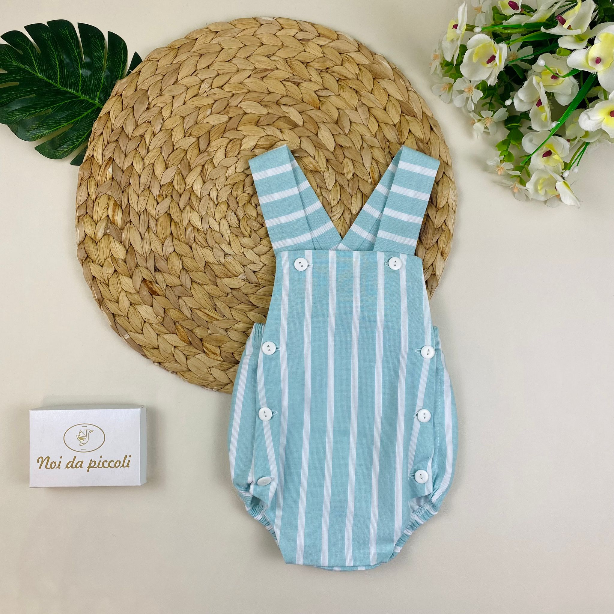 SALOPETTE COTONE A RIGHE BIANCA E VERDE ACQUA - Noi da piccoli