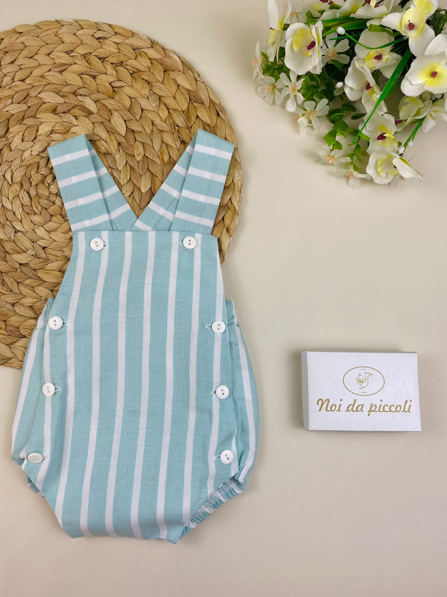 SALOPETTE COTONE A RIGHE BIANCA E VERDE ACQUA - Noi da piccoli