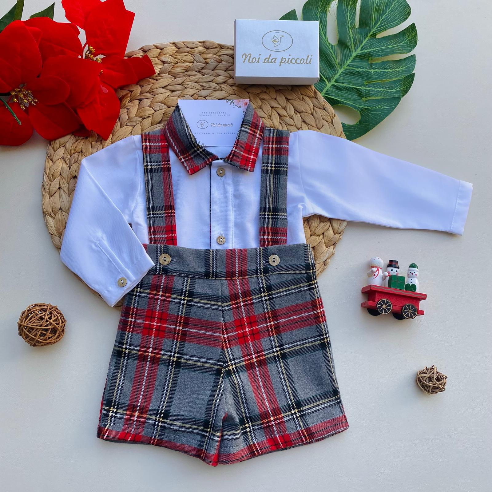 SALOPETTE SCOZZESE CON CAMICINA FILATO CALDO ROSSO NATALIZIO - Noi da piccoli