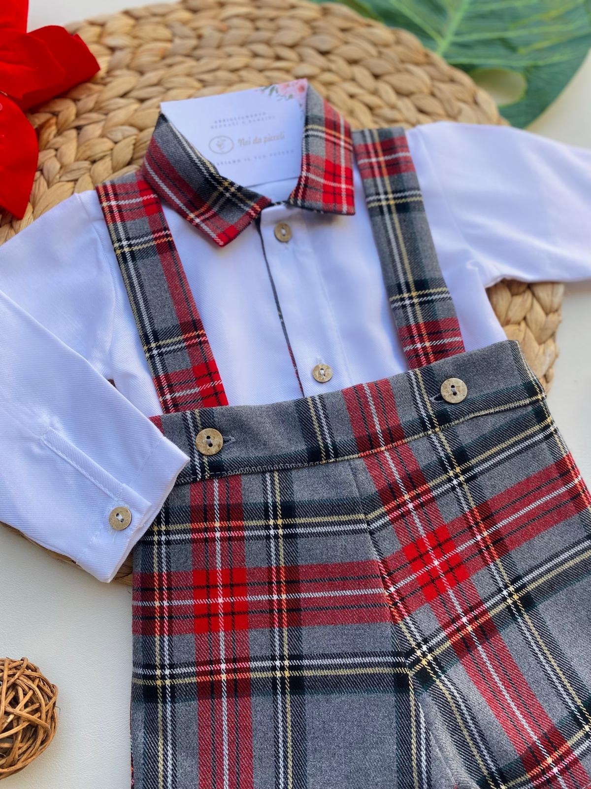 SALOPETTE SCOZZESE CON CAMICINA FILATO CALDO ROSSO NATALIZIO - Noi da piccoli