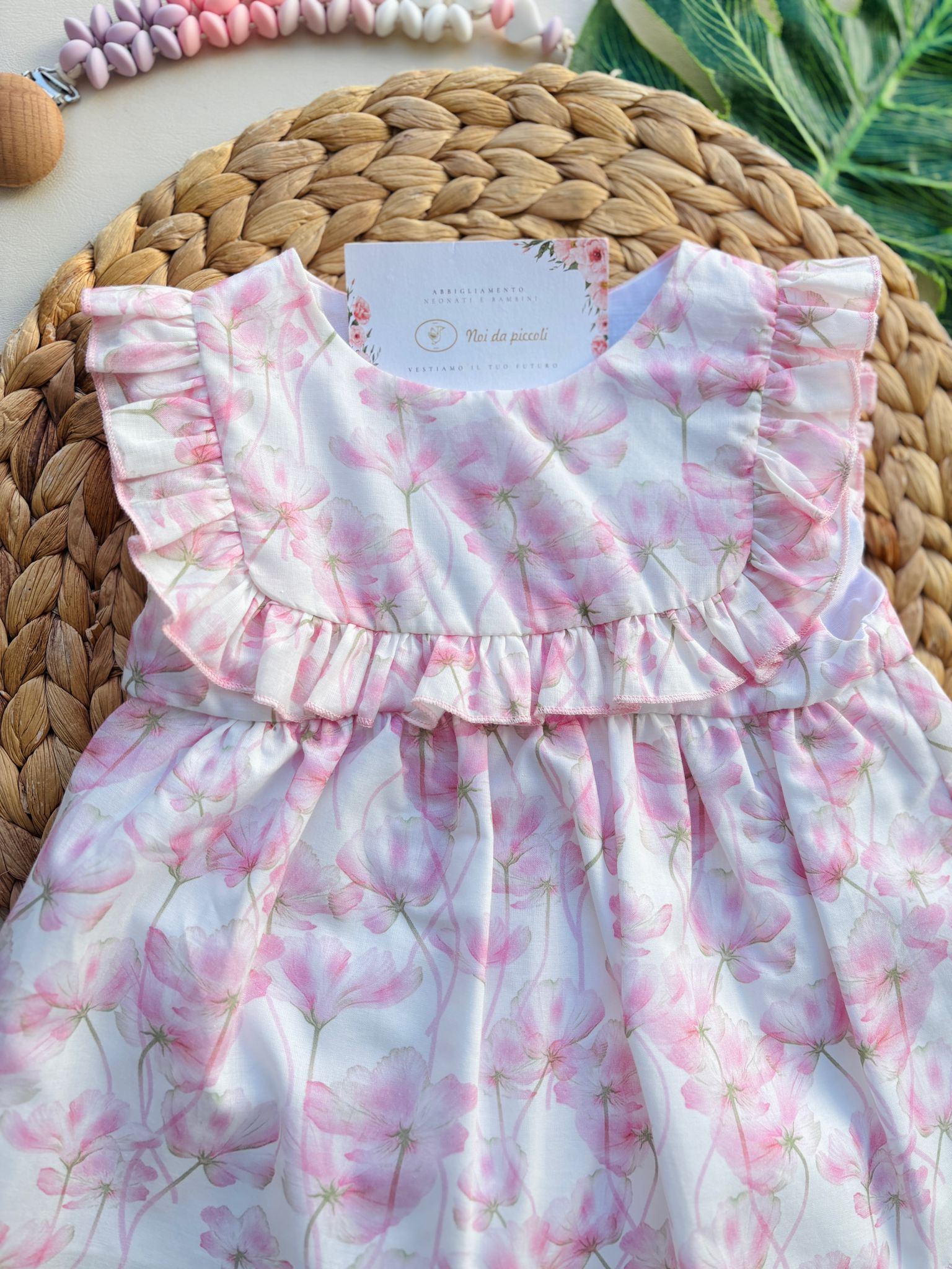 SCAMICIATA A GIRO MANICA CON FIORELLINI E PANTALONCINO IN COTONE BIANCO ROSA - Noi da piccoli