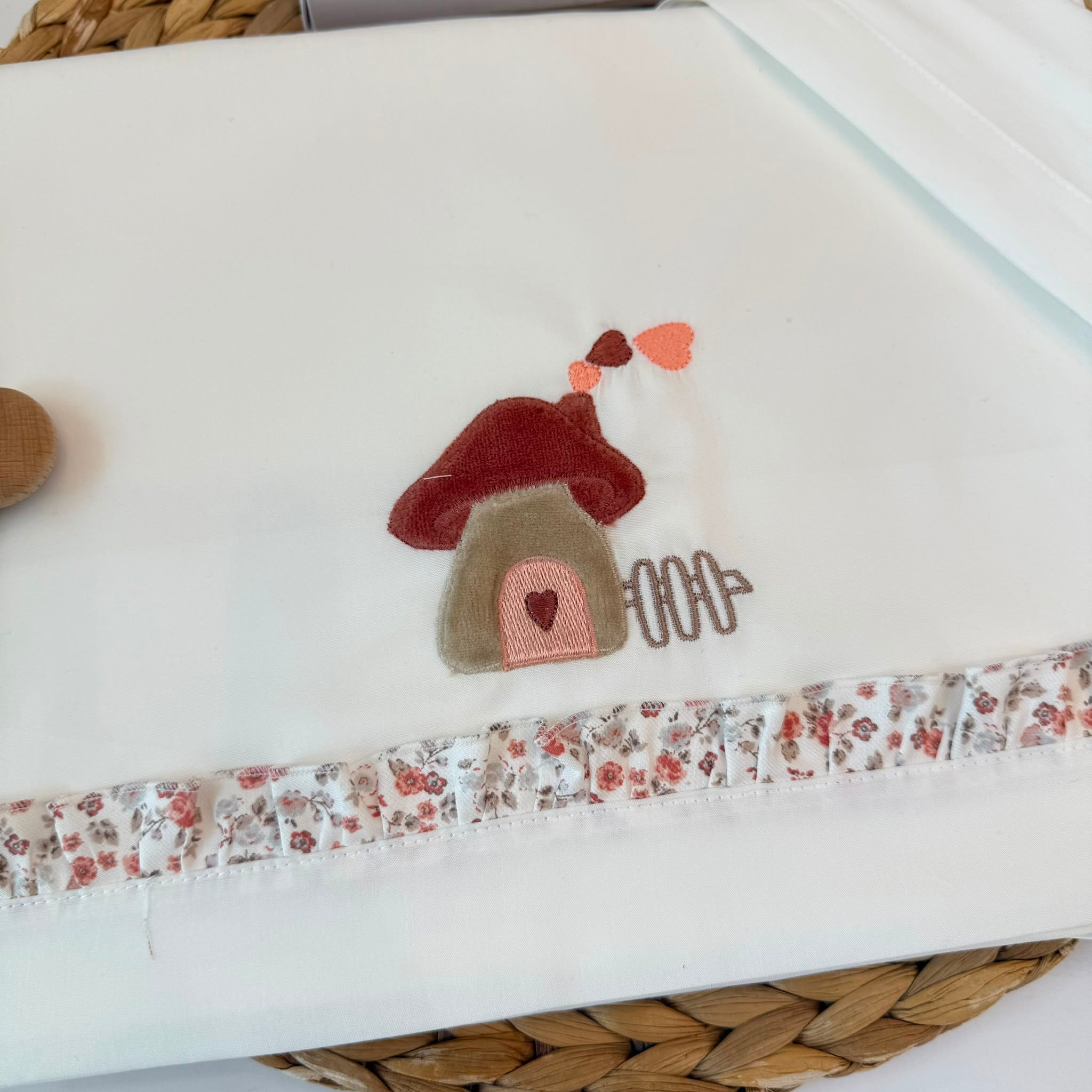 SET LENZUOLA IN COTONE CALDO RUGGINE CON BORDO IN TESSUTO FLOREALE - Noi da piccoli