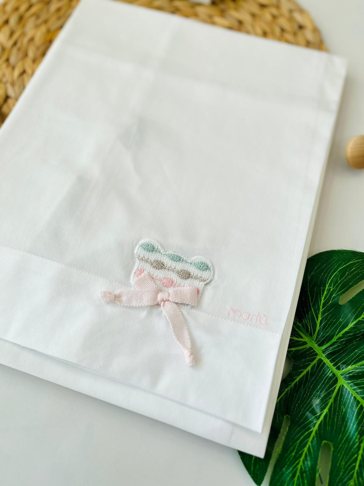 SET LENZUOLINO ORSETTO FIOCCHETTO 100 % COTONE PESCO MULTICOLOR - Noi da piccoli