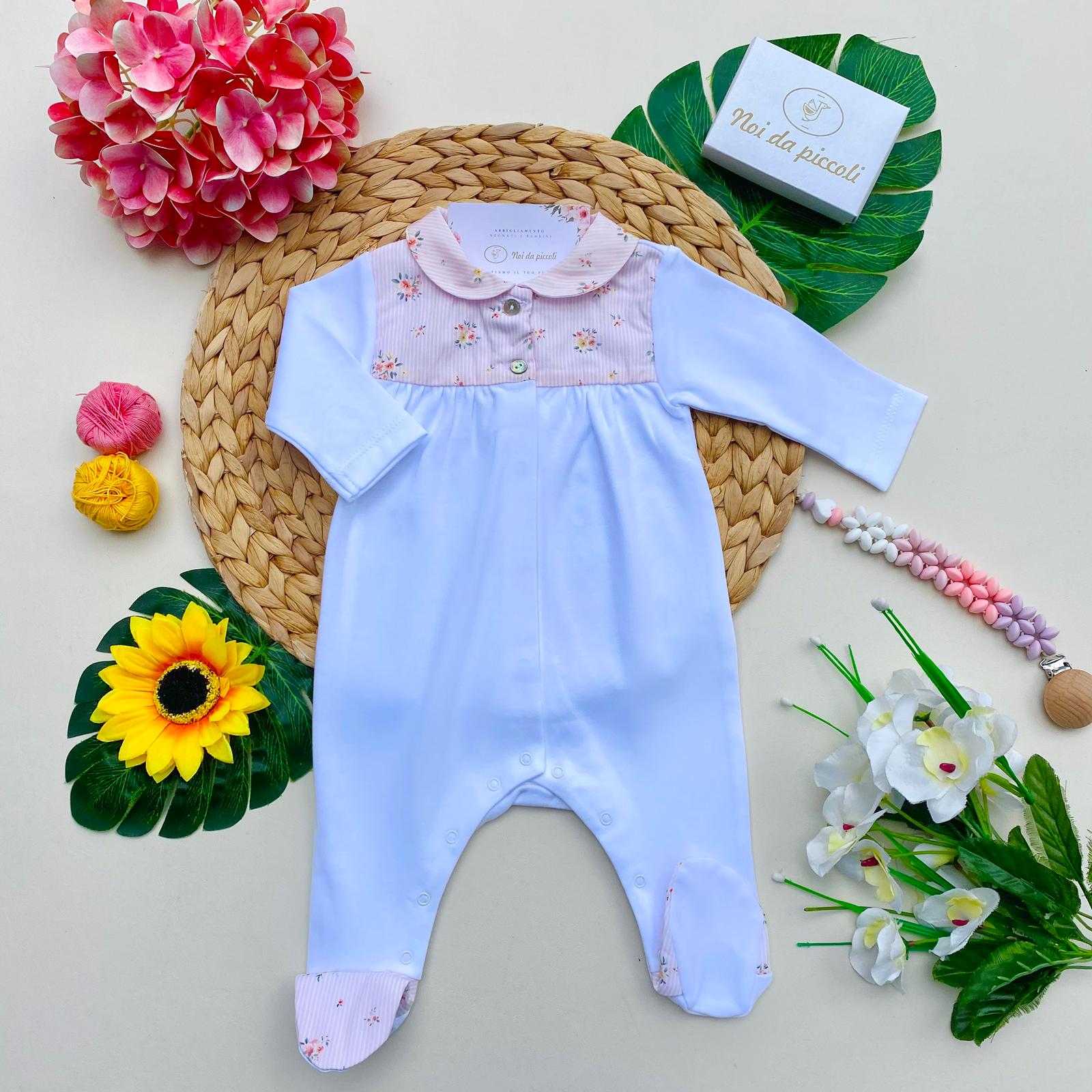 TUTINA ANTIPANICO BIANCA E ROSA A RIGHE CON FIORELLINI - Noi da piccoli