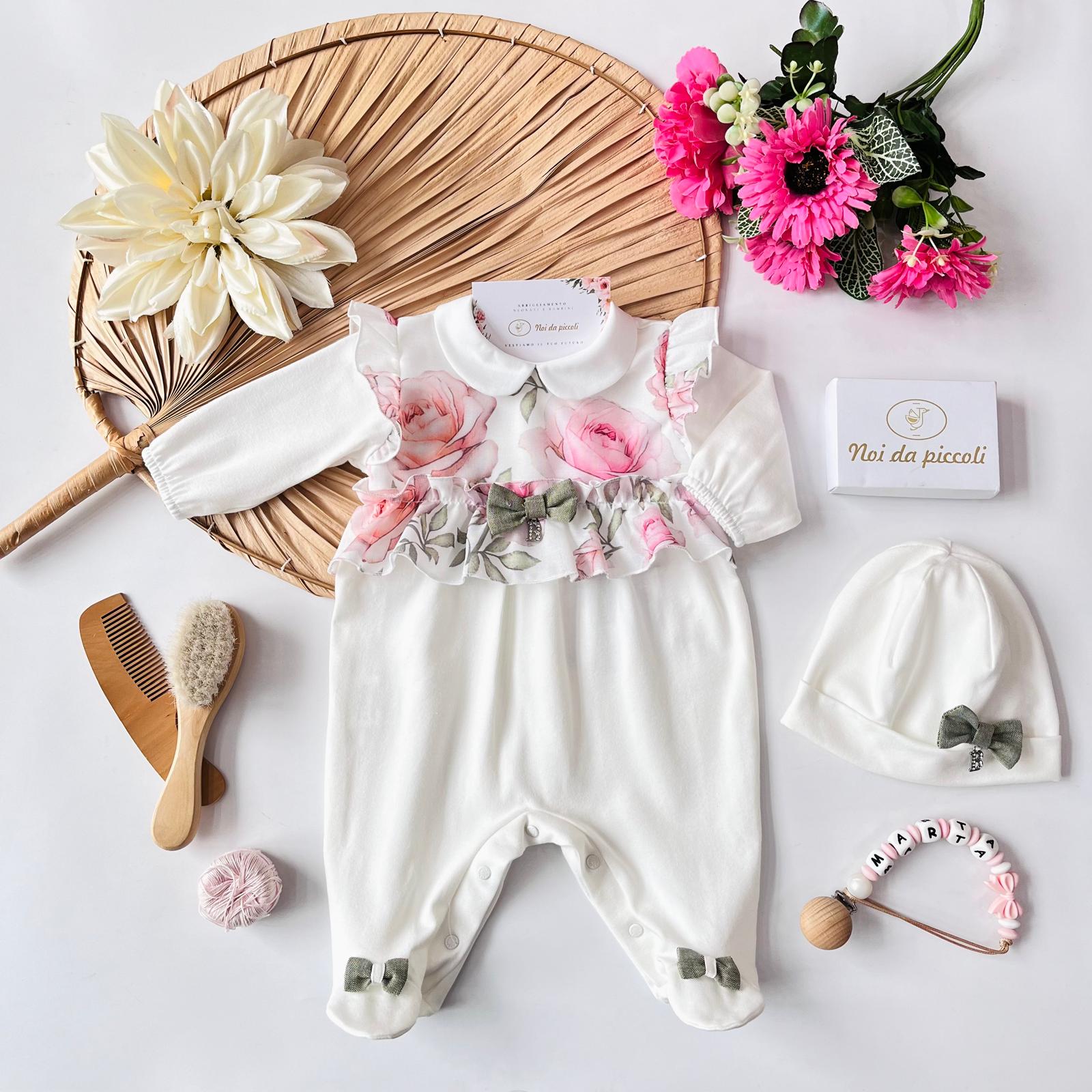 TUTINA BIANCA CON FIORI E FIOCCHETTO VERDE - Noi da piccoli