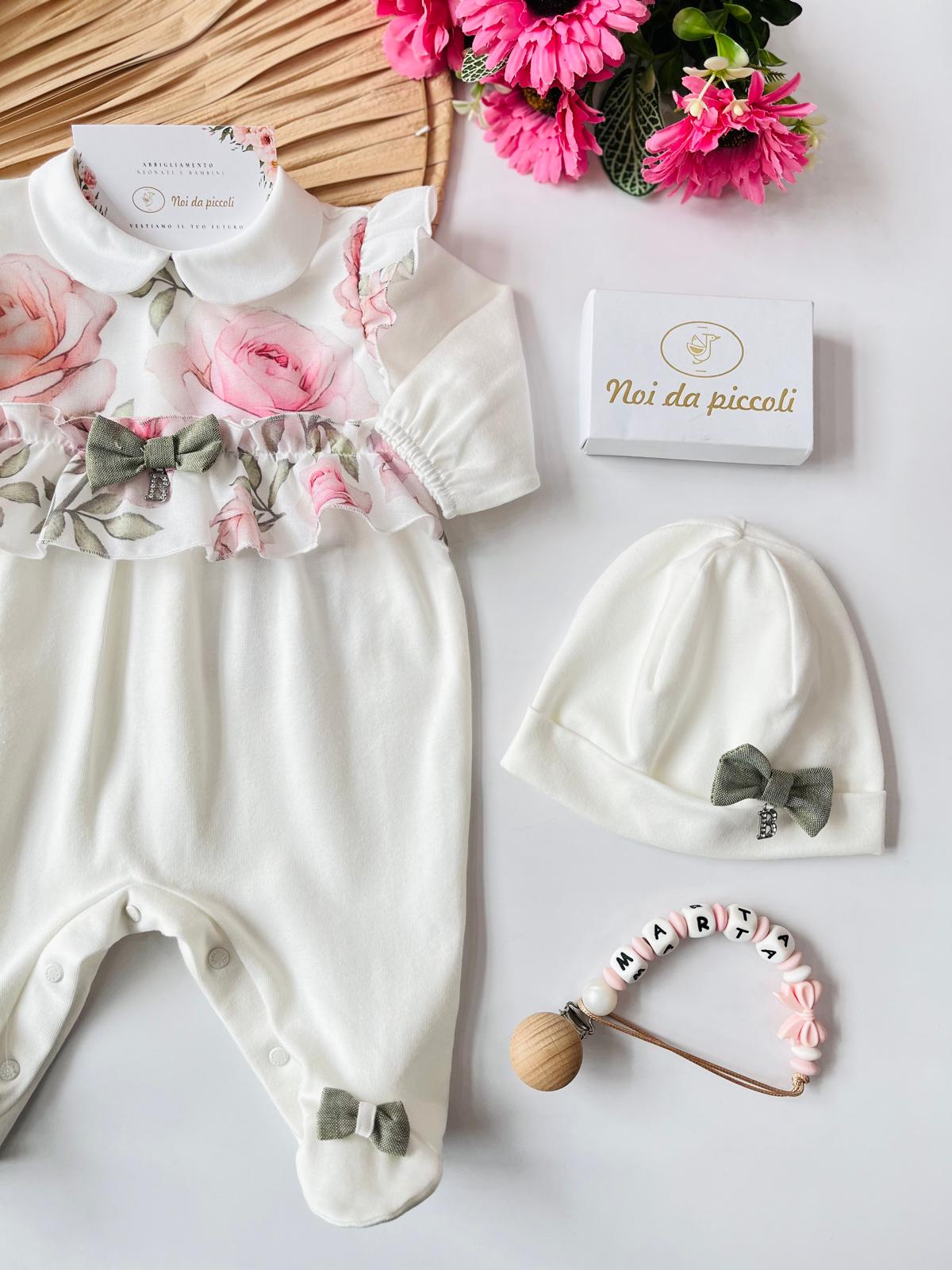 TUTINA BIANCA CON FIORI E FIOCCHETTO VERDE - Noi da piccoli