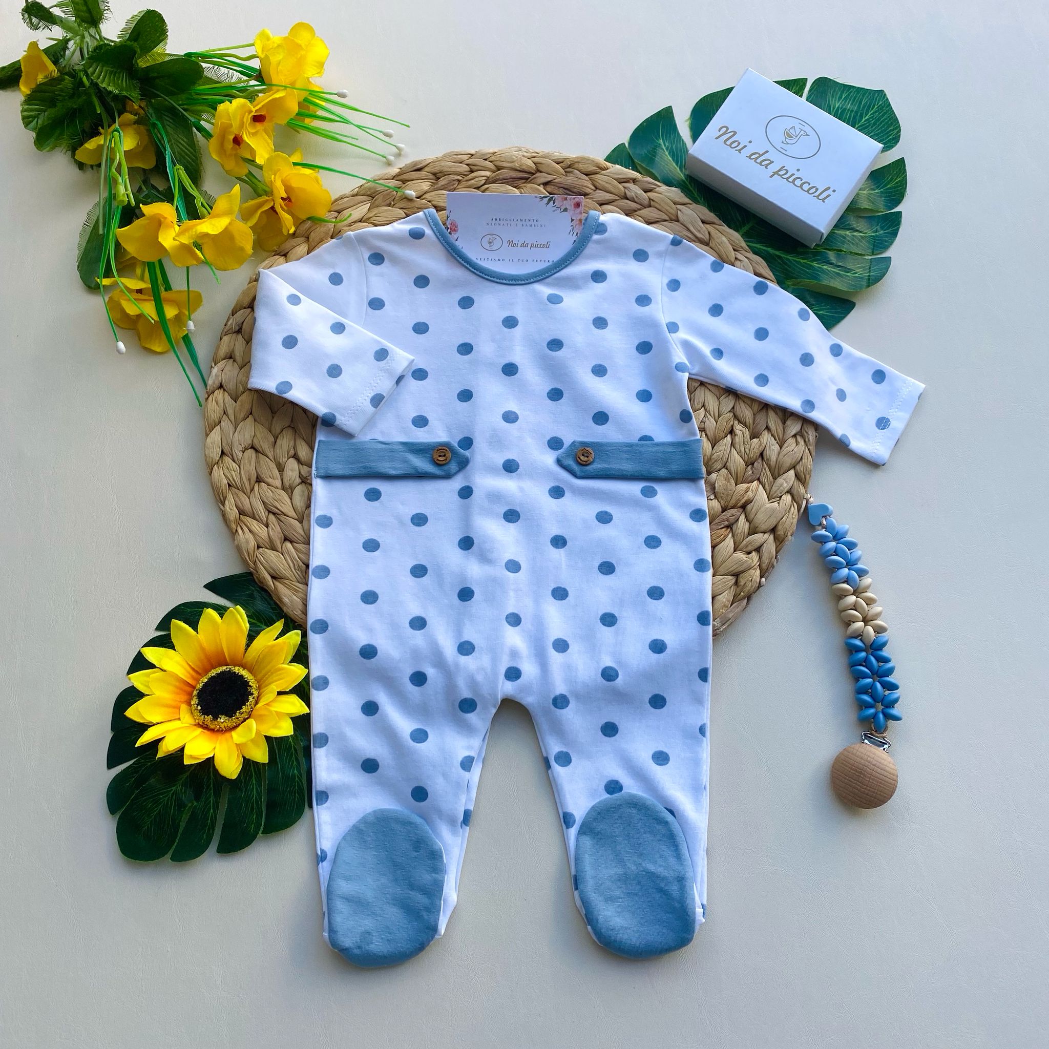TUTINA BIANCA CON POIS E FASCE LATERALI CIELO - Noi da piccoli