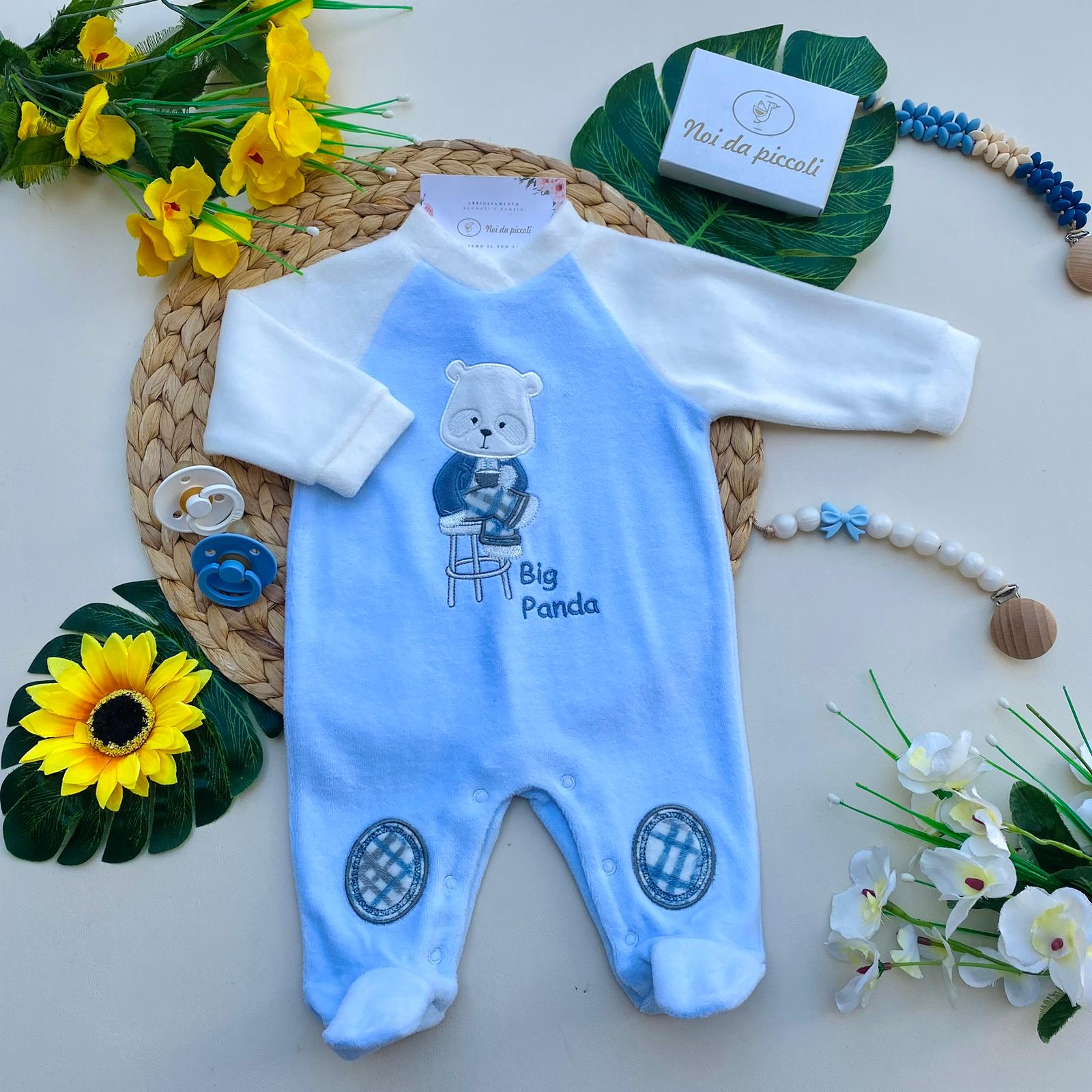 TUTINA CINIGLIA CIELO CON MANICHE SUI TONI DEL BIANCO E PANDA CENTRALE - Noi da piccoli