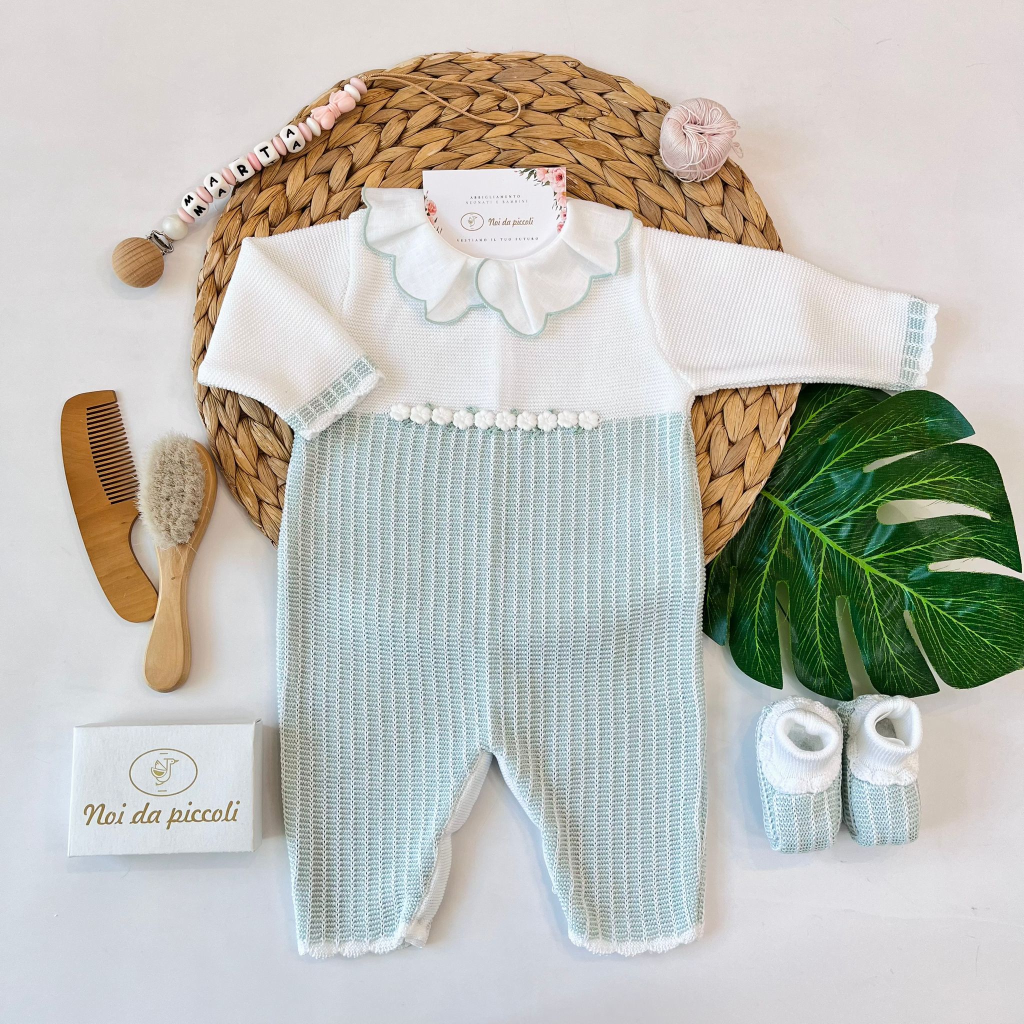 TUTINA CON BABBUCCE 100% FILO DI COTONE BIANCO SALVIA - Noi da piccoli