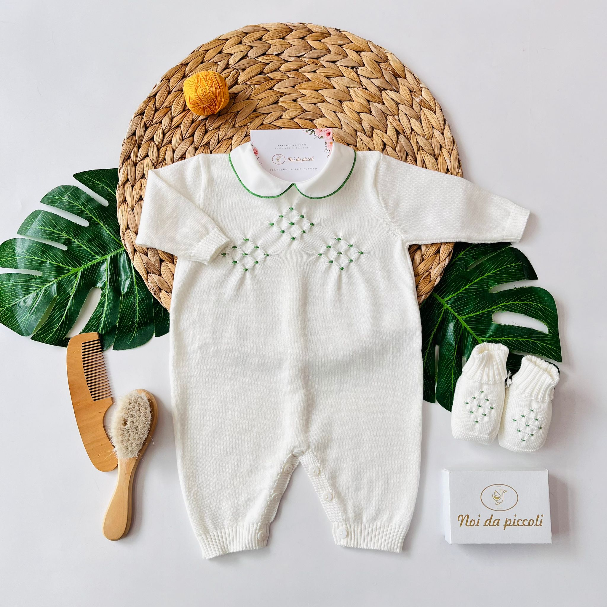 TUTINA CON BABBUCCE 100% FILO DI COTONE PANNA VERDE - Noi da piccoli