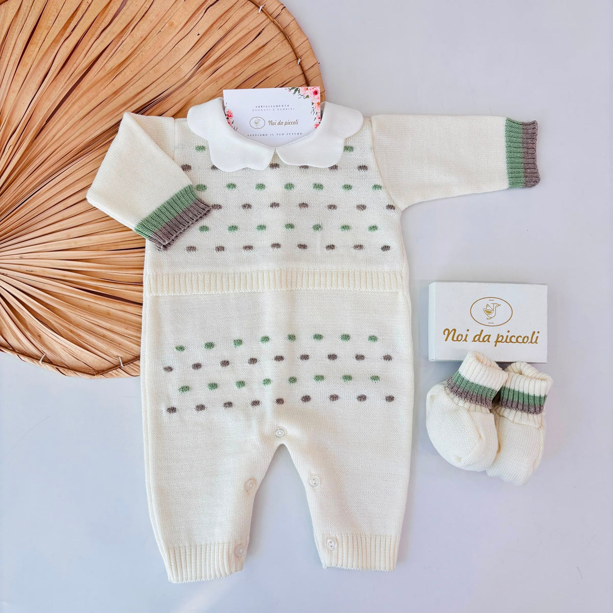 Tutina con Babbucce in Lana con Pois Panna Verde Bebe' Margo' - Noi da piccoli