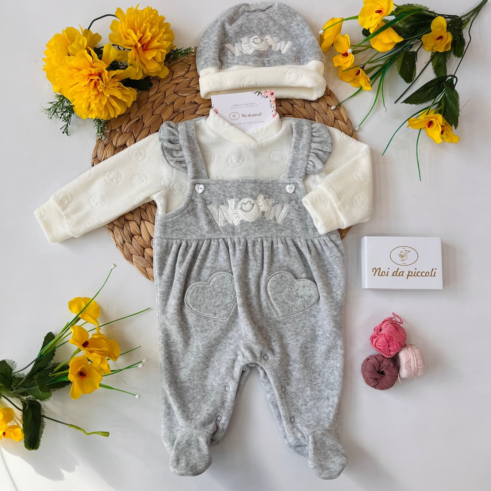 TUTINA CON CAPPELLINO CINIGLIA VELOUR GRIGIO FINTA SALOPETTE - Noi da piccoli