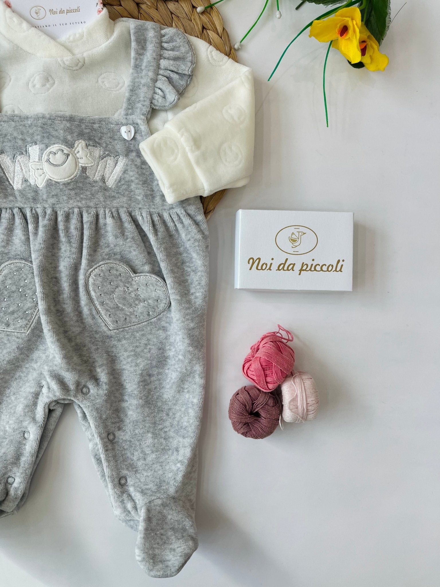 TUTINA CON CAPPELLINO CINIGLIA VELOUR GRIGIO FINTA SALOPETTE - Noi da piccoli