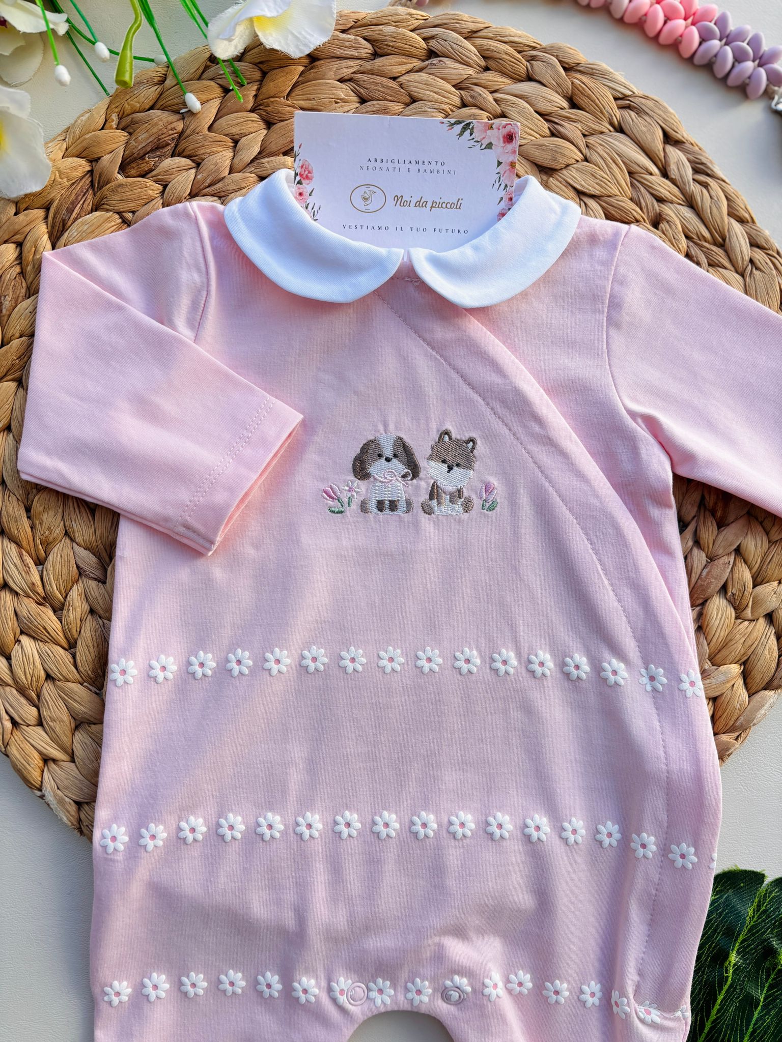 TUTINA CON FIORELLINI E CAGNOLINI COTONE ROSA - Noi da piccoli