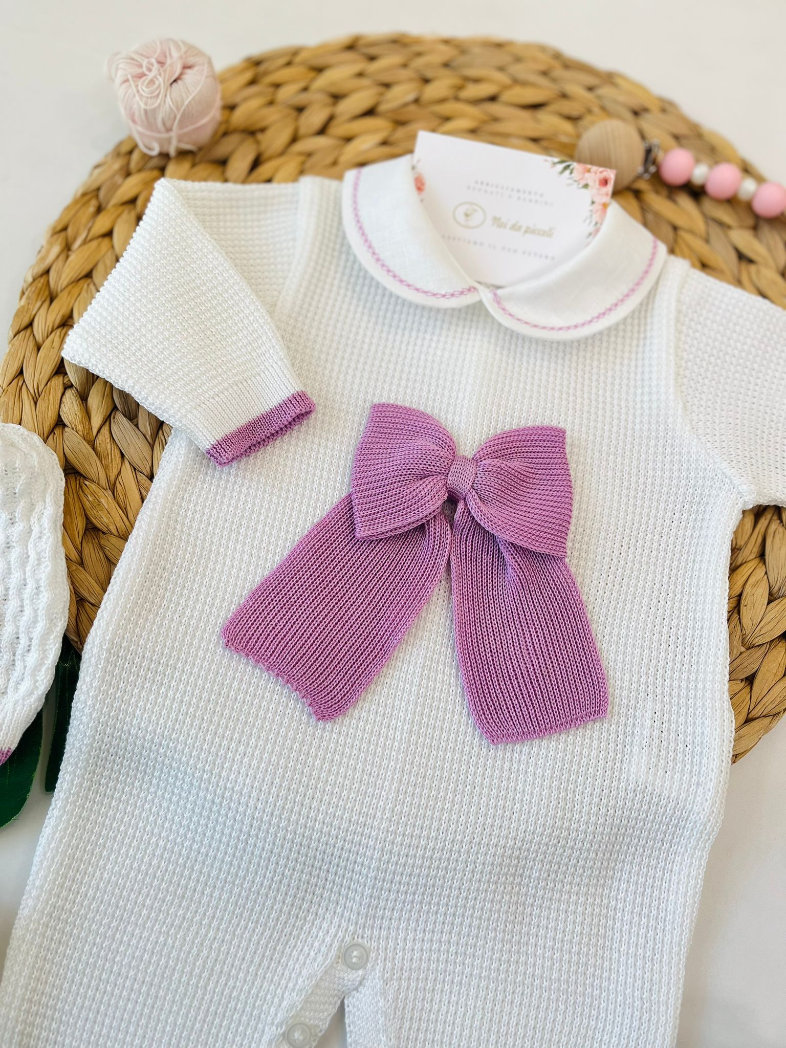 TUTINA CON PARURE 100% FILO DI COTONE BIANCO CICLAMINO - Noi da piccoli