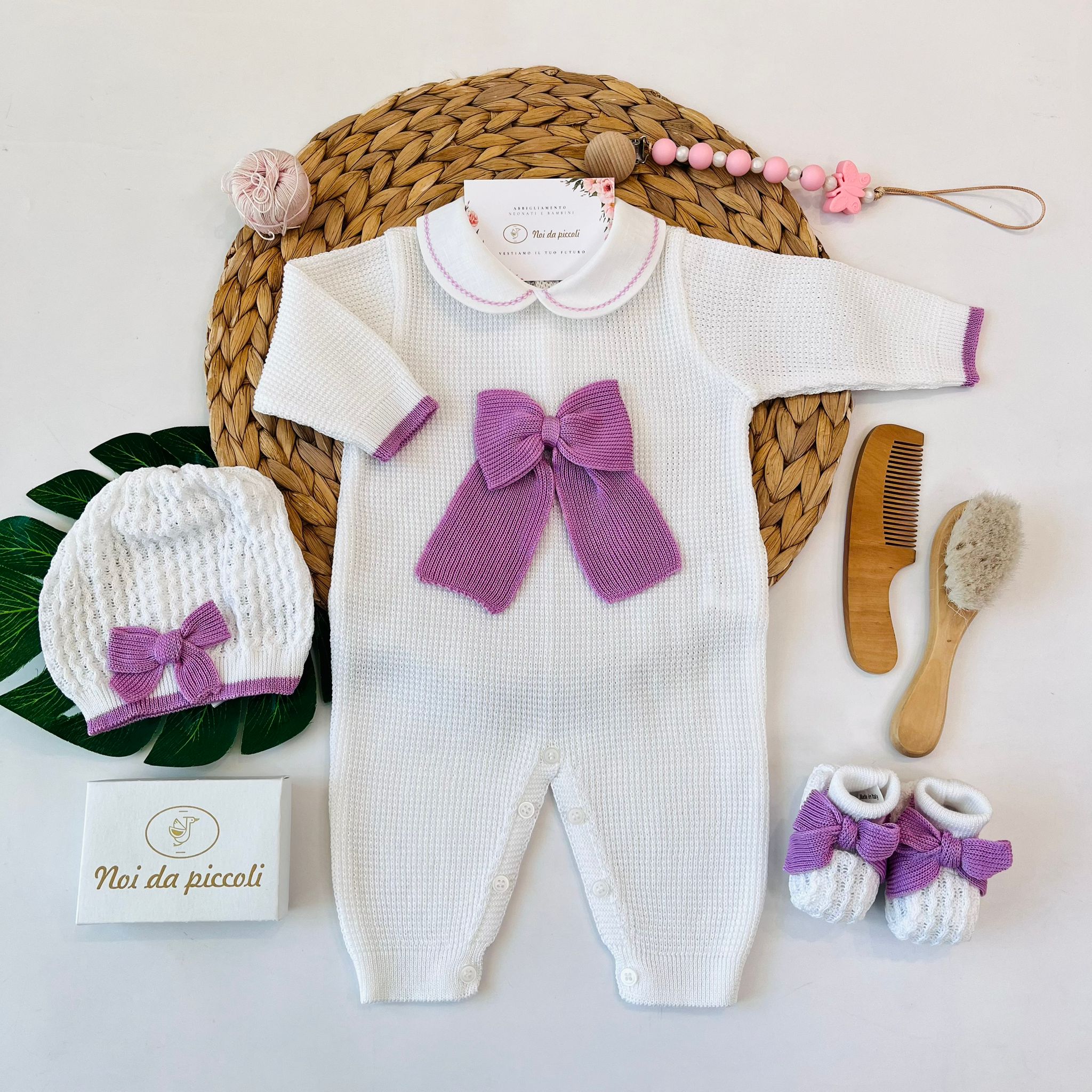 TUTINA CON PARURE 100% FILO DI COTONE BIANCO CICLAMINO - Noi da piccoli