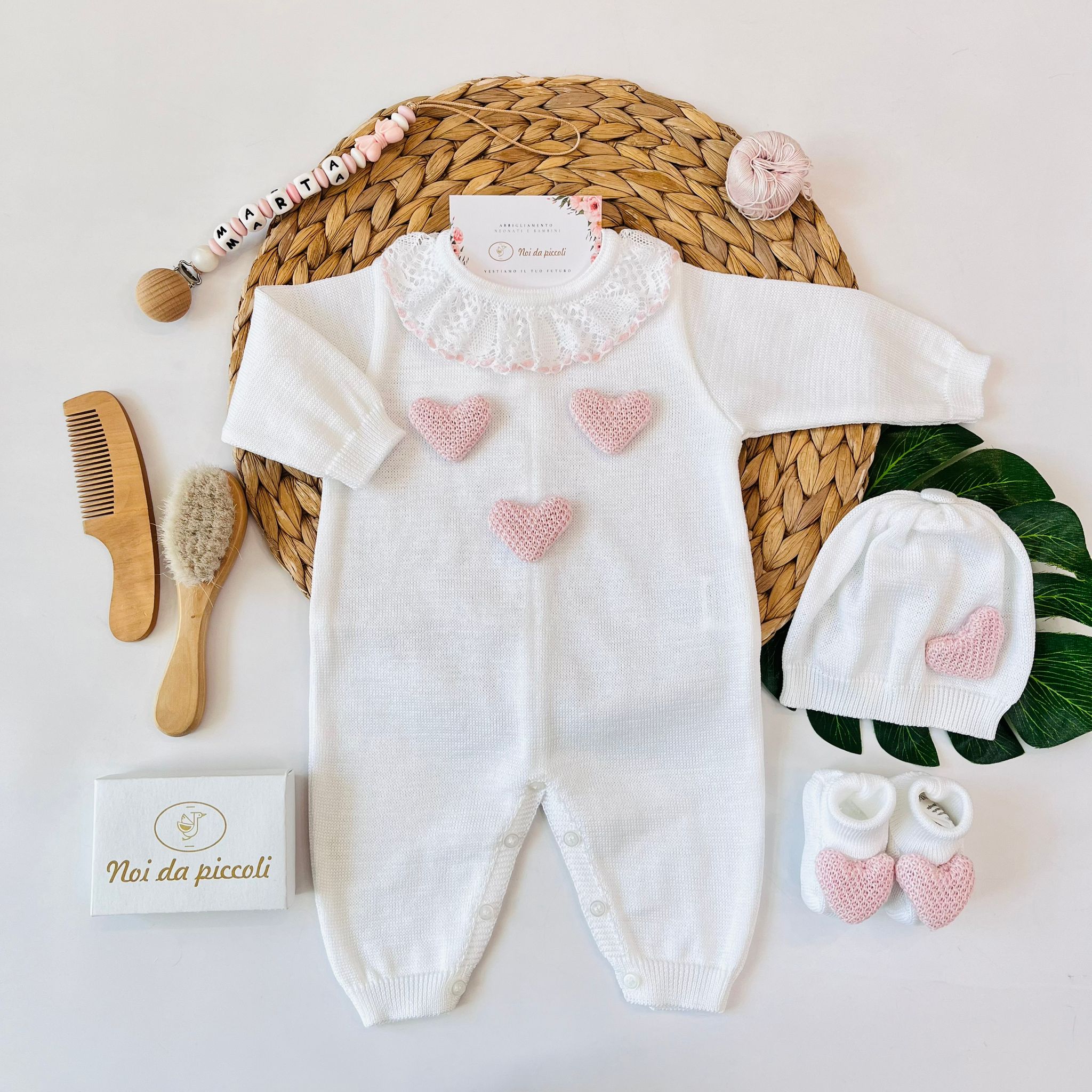 TUTINA CON PARURE 100% FILO DI COTONE BIANCO ROSA CIPRIA - Noi da piccoli