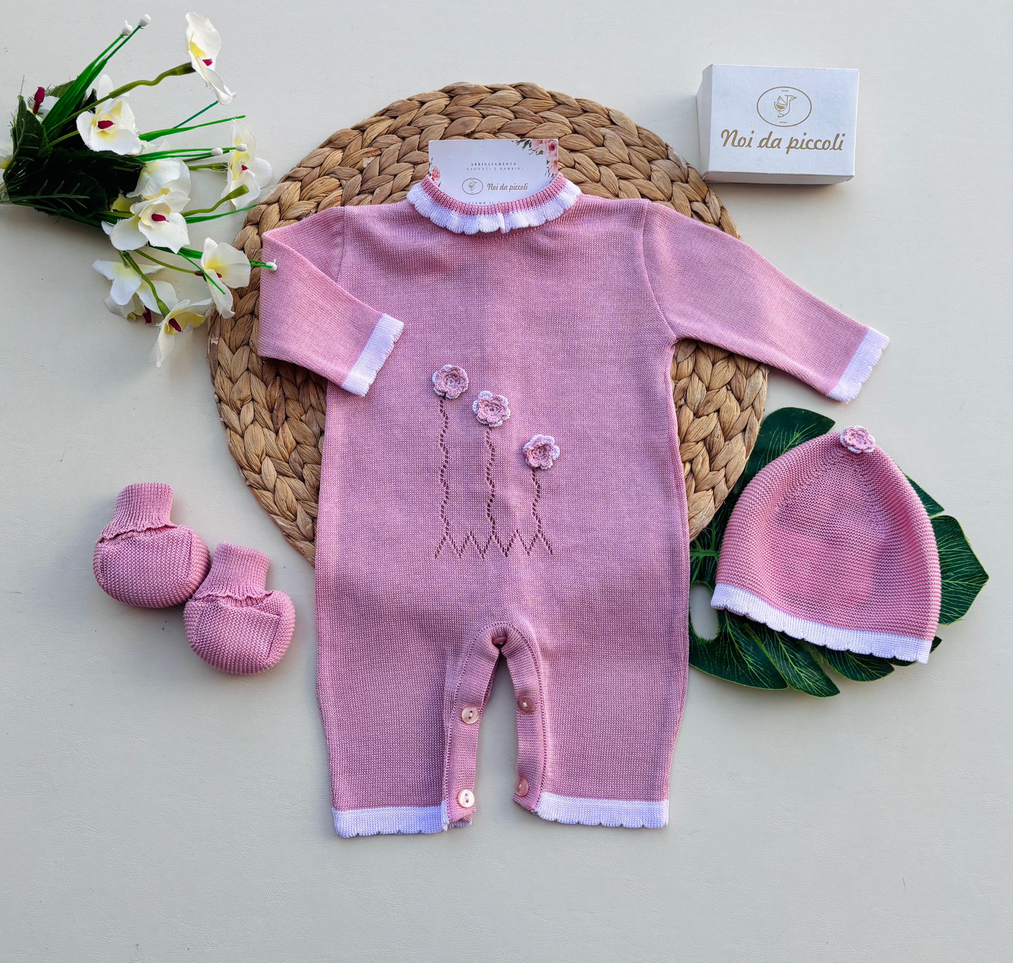 TUTINA CON PARURE 100% FILO DI COTONE ROSA - Noi da piccoli