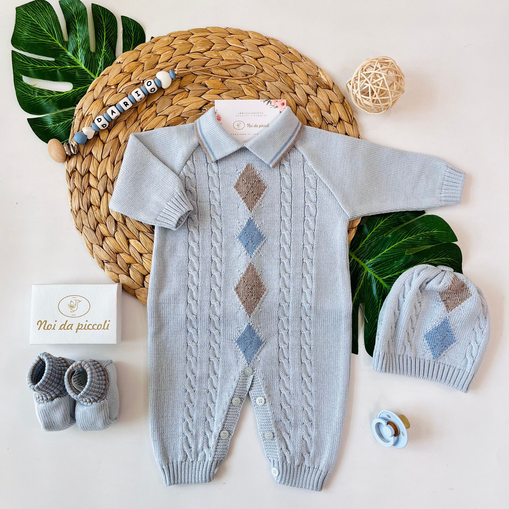 TUTINA CON PARURE 100% LANA CIELO TORTORA POLVERE - Noi da piccoli