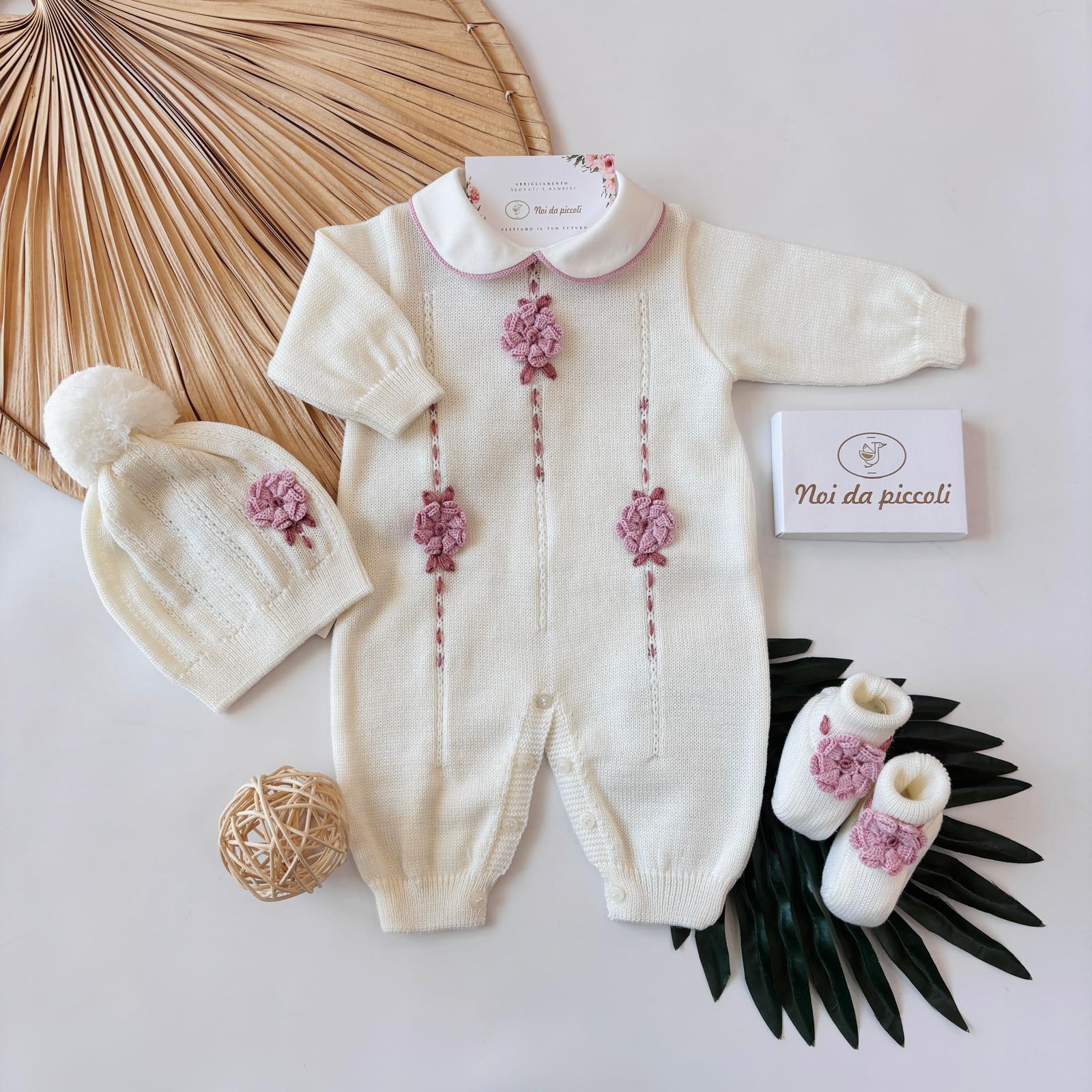 TUTINA CON PARURE 100% LANA PANNA FIORI DI MALVA - Noi da piccoli
