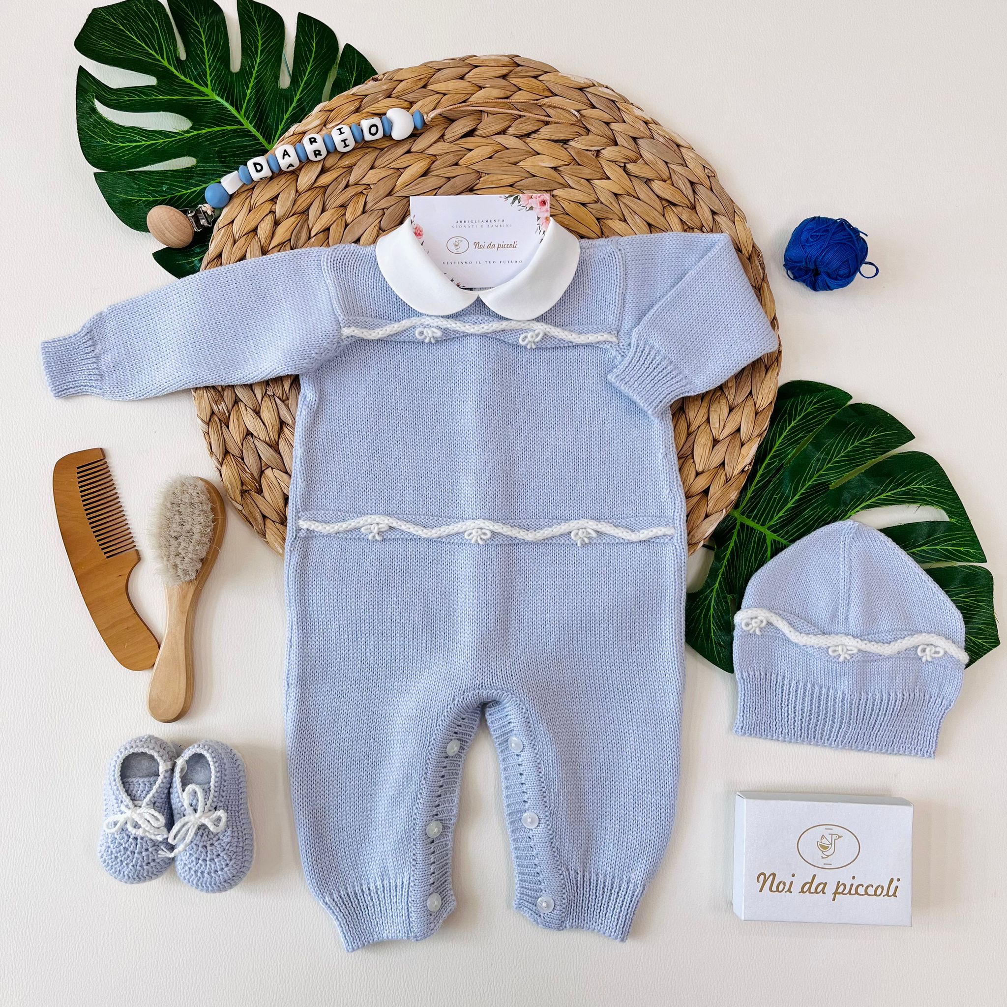 TUTINA CON PARURE ARTEMIDE 100% LANA MERINO CIELO E PANNA - Noi da piccoli