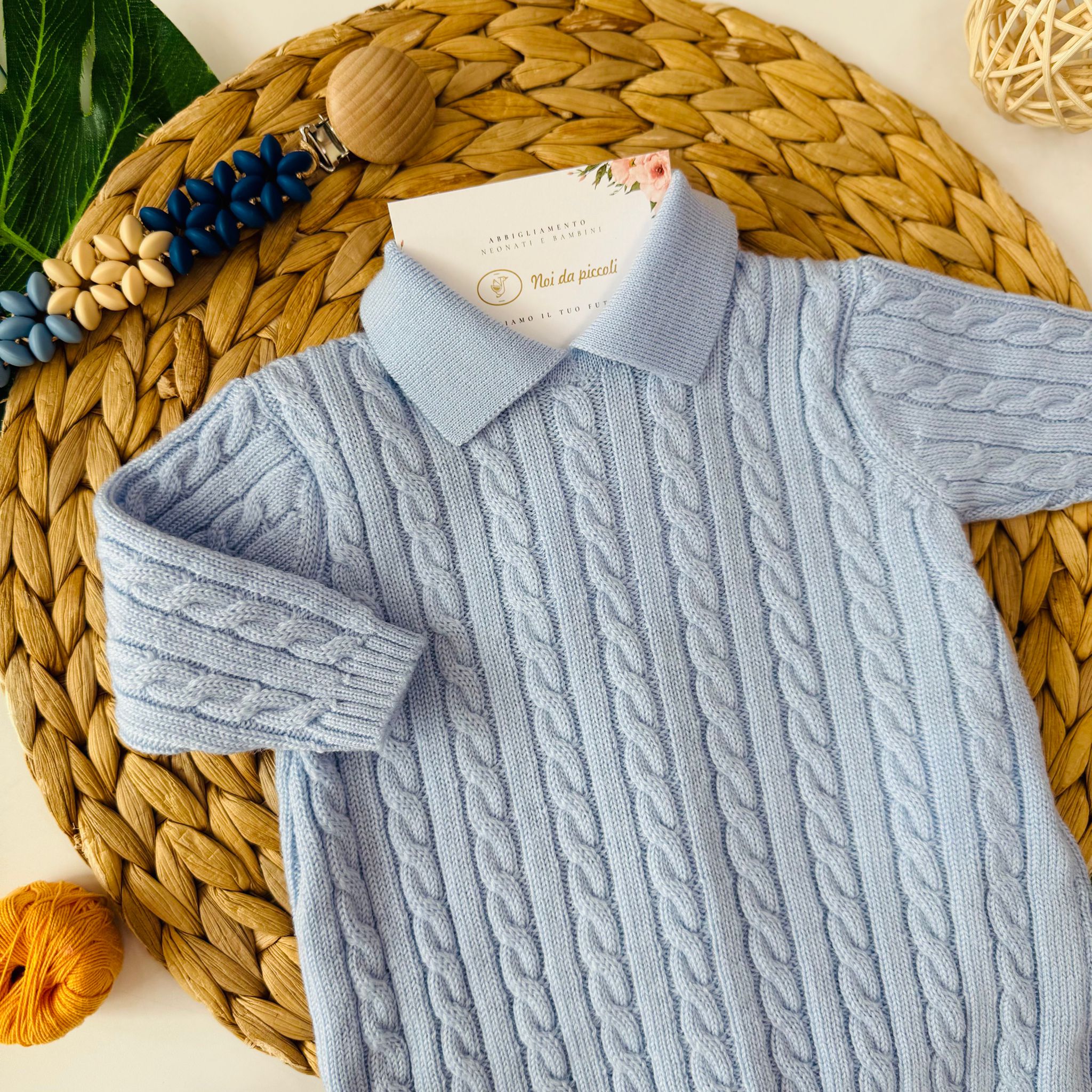 TUTINA CON PARURE INTRECCIO 100% LANA CELESTE - Noi da piccoli