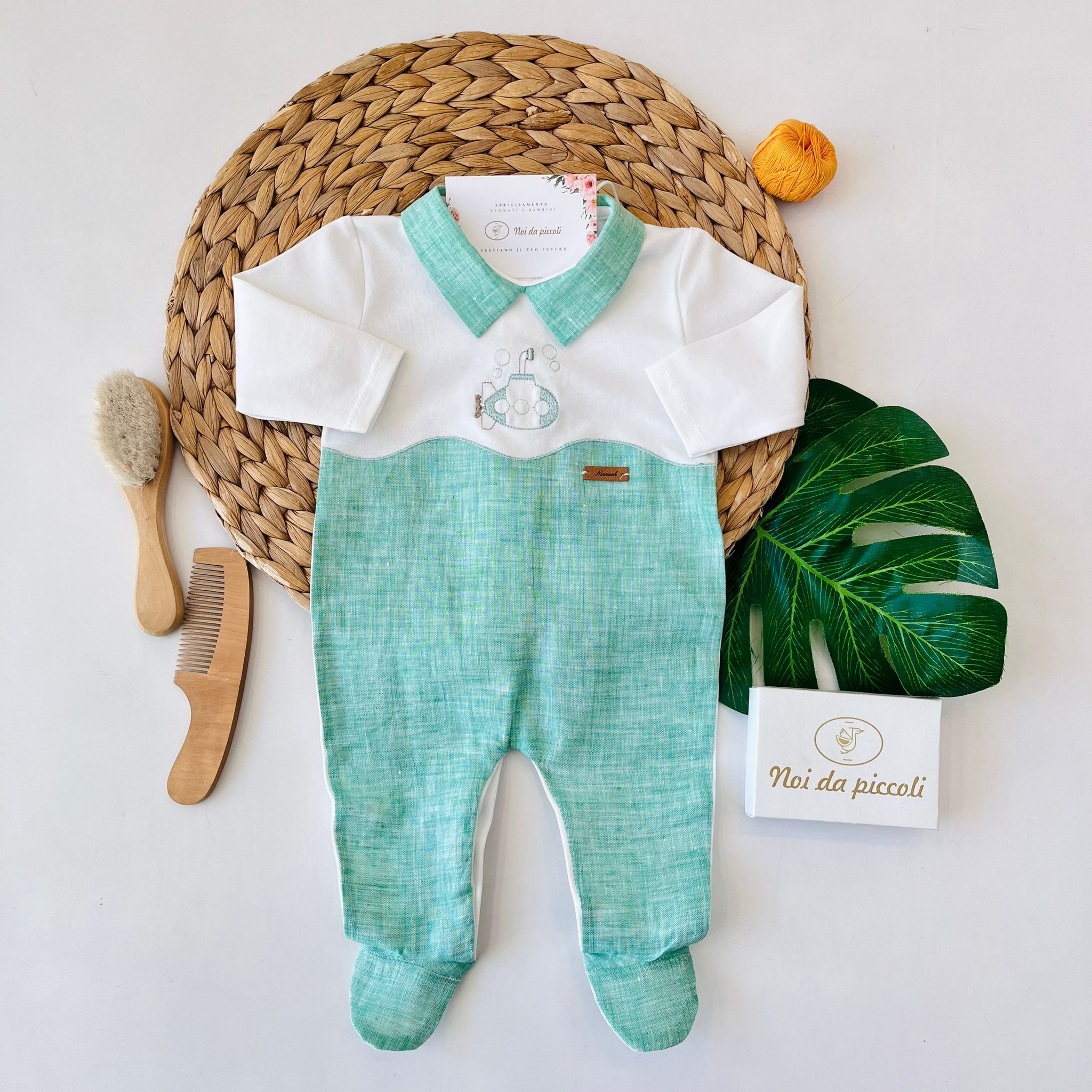 TUTINA COTONE E LINO BIANCO VERDE SOTTOMARINO - Noi da piccoli