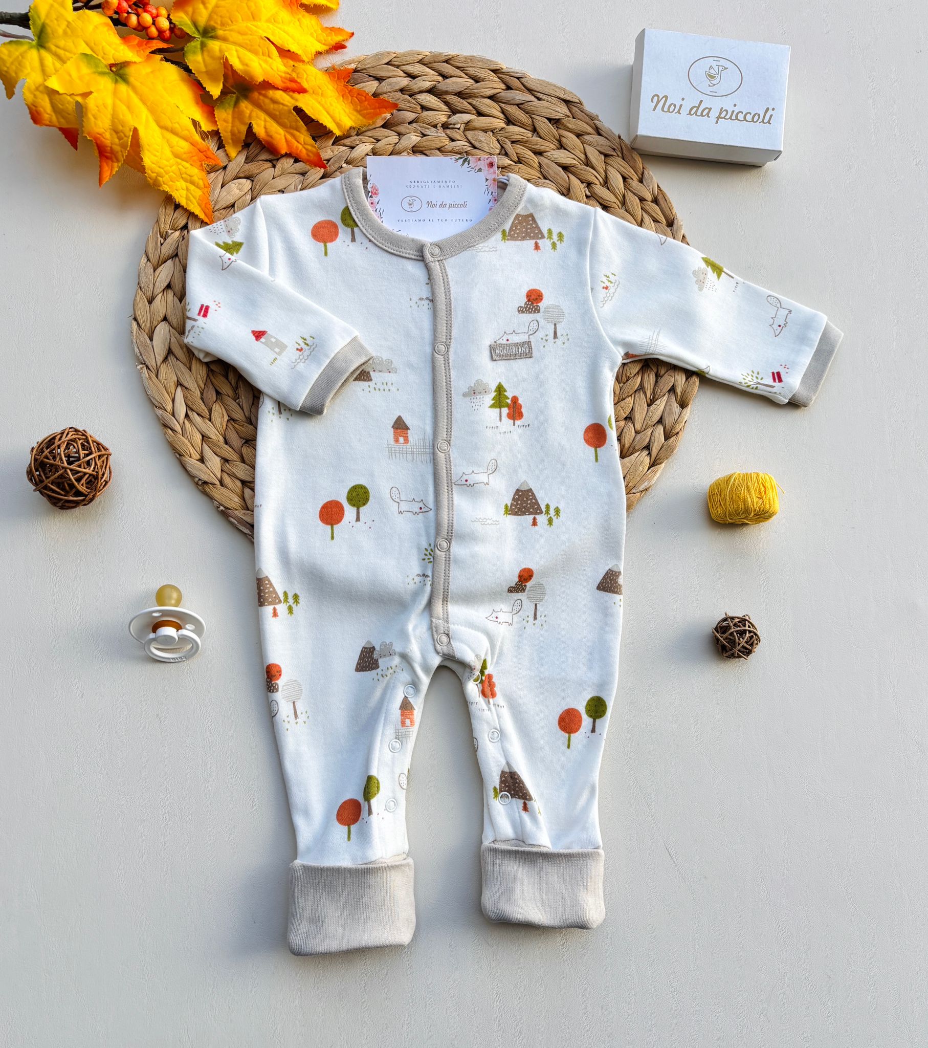 TUTINA IN CALDO COTONE ANTIPANICO CON DISEGNINI BIANCO BEIGE - Noi da piccoli