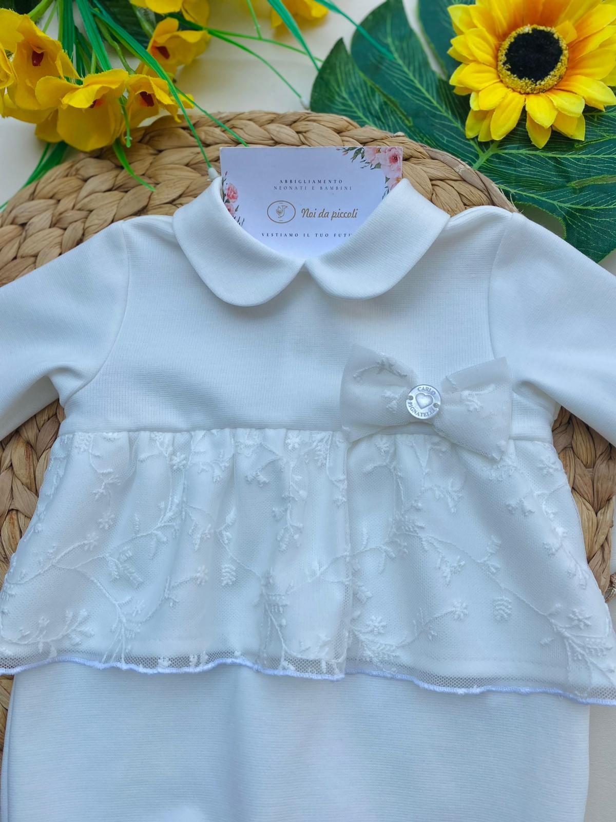 TUTINA IN CALDO COTONE BIANCO CON RICAMINI E FIOCCHETTO - Noi da piccoli