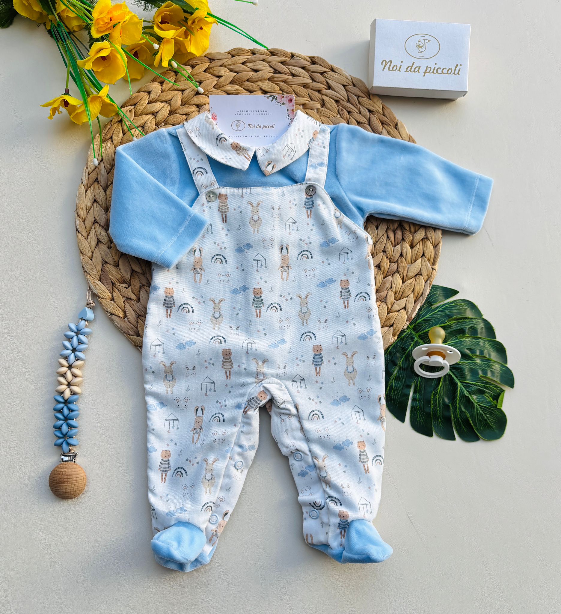 TUTINA IN CINIGLIA A FINTA SALOPETTE CON ANIMALI Bianco Cielo - Noi da piccoli