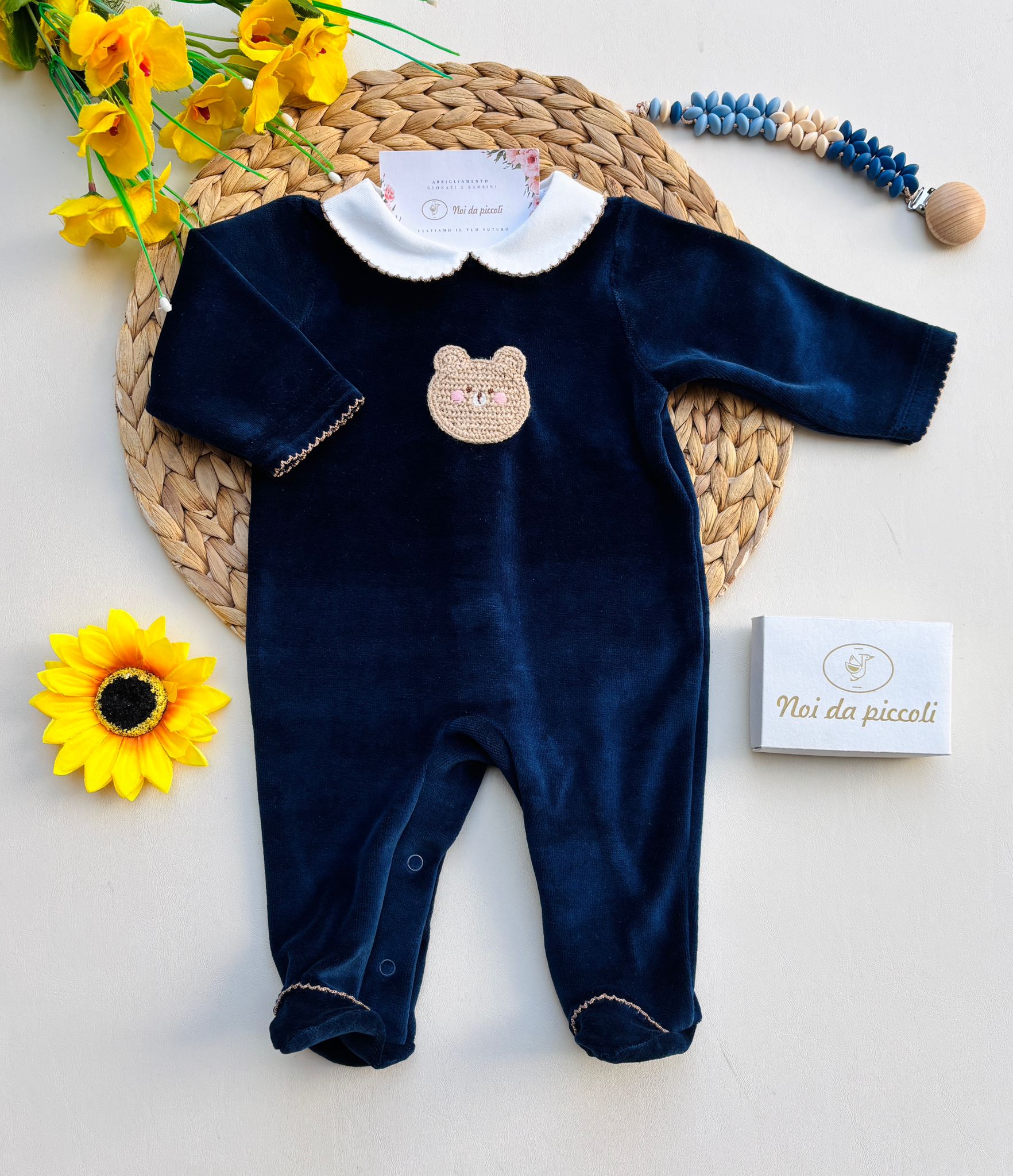 TUTINA IN CINIGLIA CON COLLETTO BIANCO E ORSETTO CENTRALE BLU NAVY - Noi da piccoli